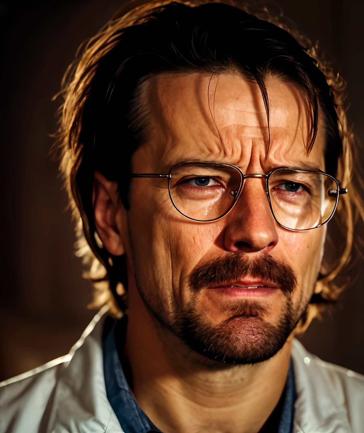 a man with glasses crying, wojack crying, portrait of a crying guy, tears running down face, crying, crying and smiling franticly, sad, crying one single tear, crying many tears, crying. scifi, he is sad, is totally sad and cries, walter white crying, sad!, nerd, nerd hair, remove lining