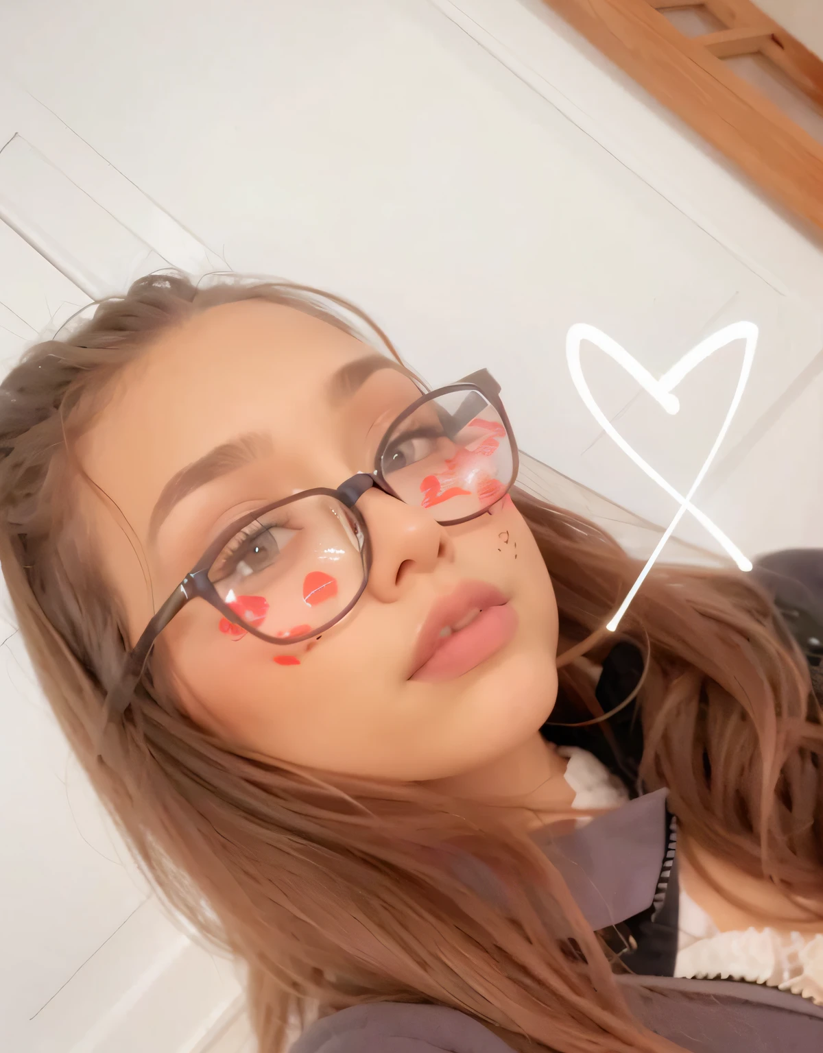 there is a woman with glasses and lipstick painted on her face, with glasses, 18 years old, profile image, girl with glasses, with glasses on, thick glasses, very very low quality picture, 1 6 years old, pokimane, glasses, thick lips, violet myers, very very low quality, cute pout, portrait sophie mudd, very low quality