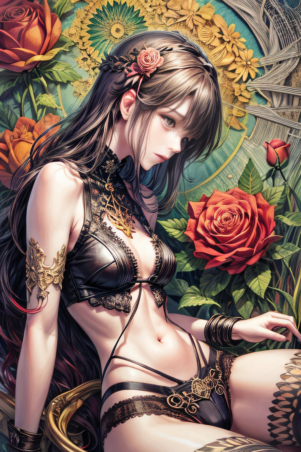 (Best Quality, masutepiece:1.3), (Illustration:1.15), (Lora More_detail),(Abstract, Zentangle, psychedelic:1.2), [(beautiful  Girl, Face, Neck, Slim waist, Legs:0.08) | | Beautiful roses, stem, thorns, roots:1.69] Art by Georgia O'Keeffe, Devianart Trend, ambiguity, mystery, Red color taste