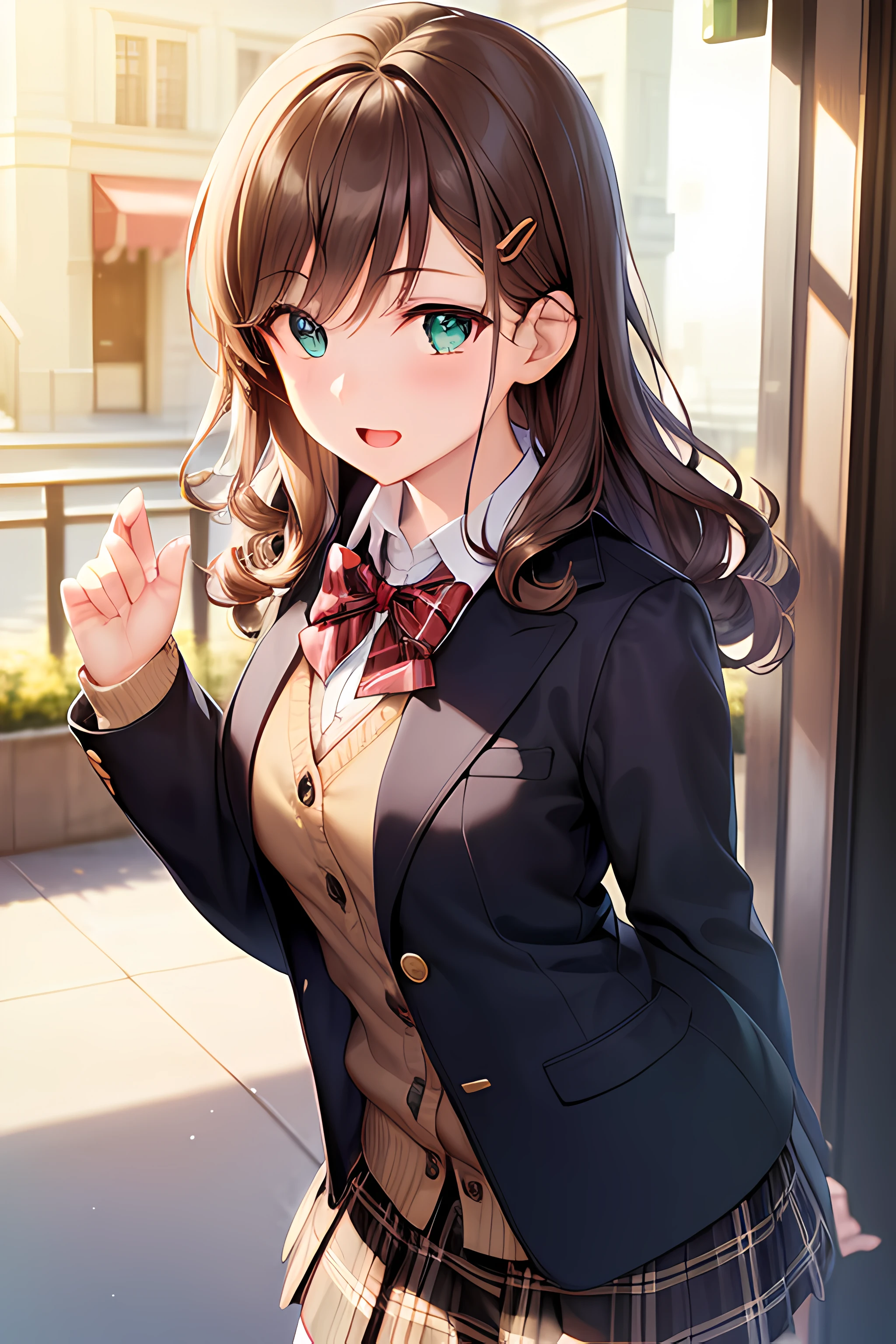 ((masterpiece, best quality, highres, UHD, perfect pixel, depth of field, 4k, RTX, HDR))), 1girl, single, solo, beautiful anime girl, beautiful artstyle, anime character, ((long hair, bangs, dark brown hair, hair pin, curly hair)), ((green eyes:1.4, detailed eyes, beautiful eyes, perfect eyes,curly eyelashes, realistic eyes)), ((detailed face, blushing:1.2)), ((smooth texture:0.75, realistic texture:0.5, anime CG style)), medium breasts, ((dynamic angle, cowboy shot)), perfect body, ((red bowtie, school uniform, black jacket, open jacket, brown cardigan, white shirt, black skirt, plaid skirt)), smile, open mouth, hand behind back, leaning forward, amusement park