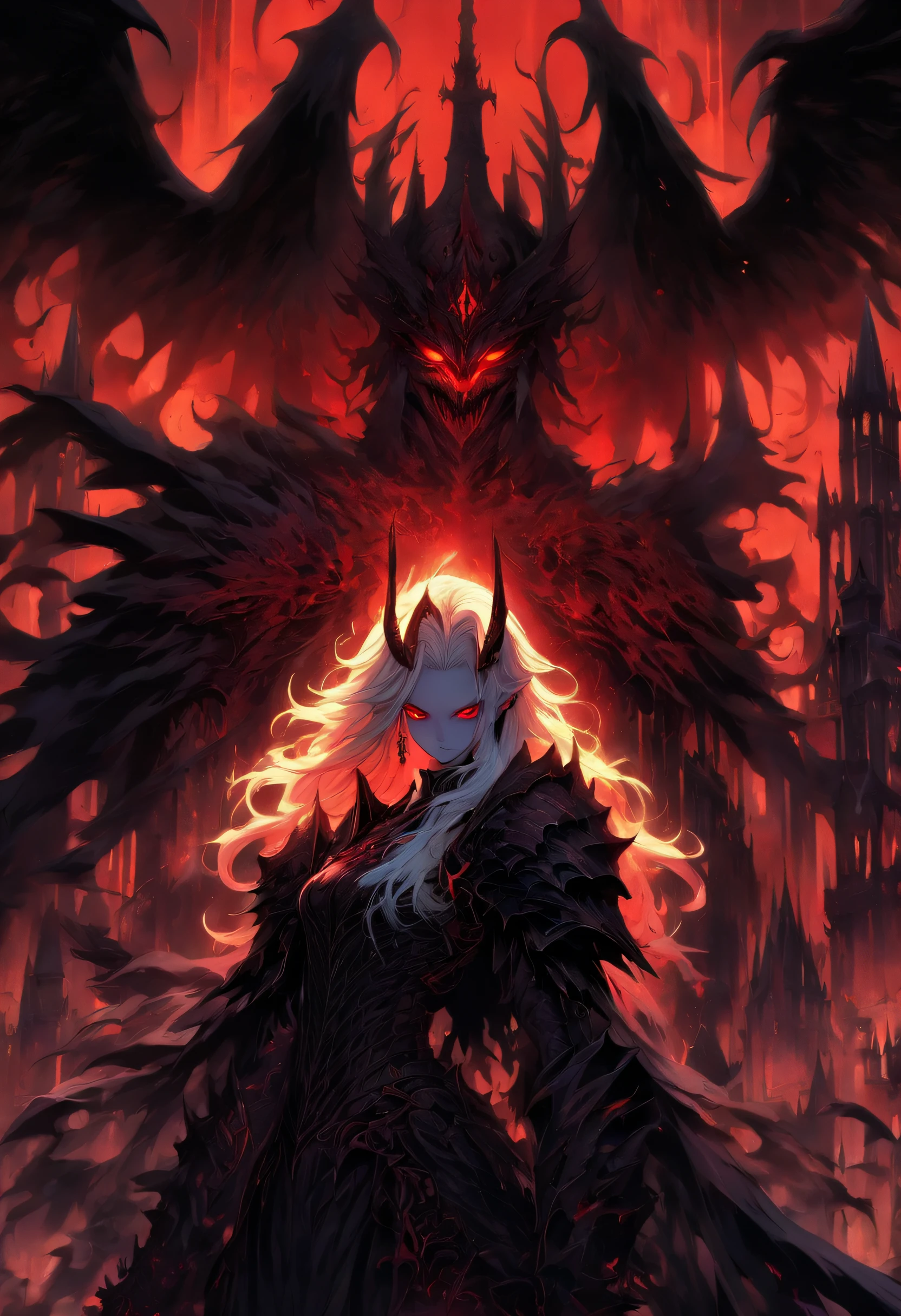 The most beautiful and sexy demon goddess, long white hair, glowing red eyes, wearing detailed black gothic battle armor, black angel wings, tattoos and piercings, gothic castle, perfect masterpiece, high quality, high resolution