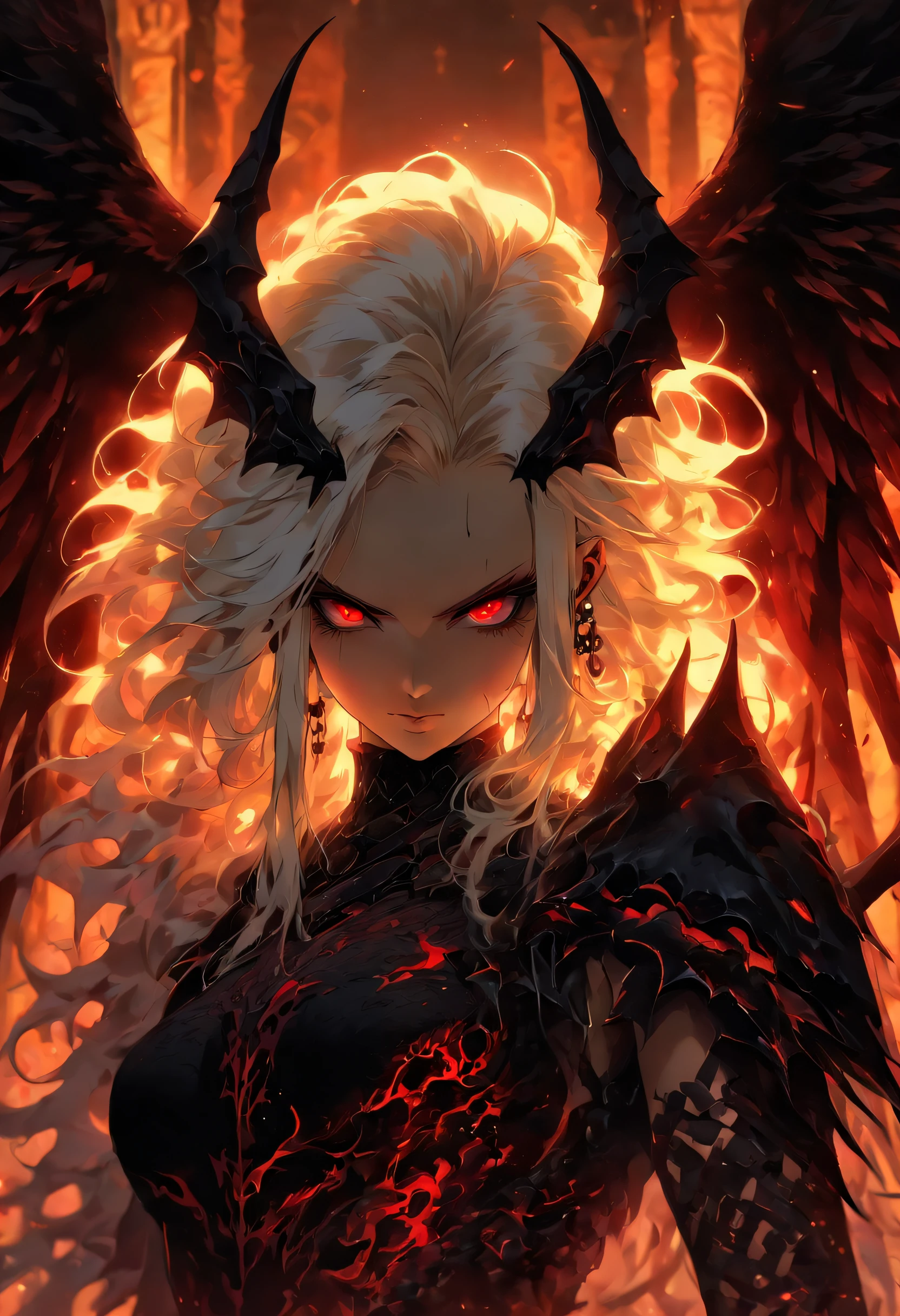 The most beautiful and sexy demon goddess, long white hair, glowing red eyes, wearing detailed black gothic battle armor, black angel wings, tattoos and piercings, gothic castle, perfect masterpiece, high quality, high resolution