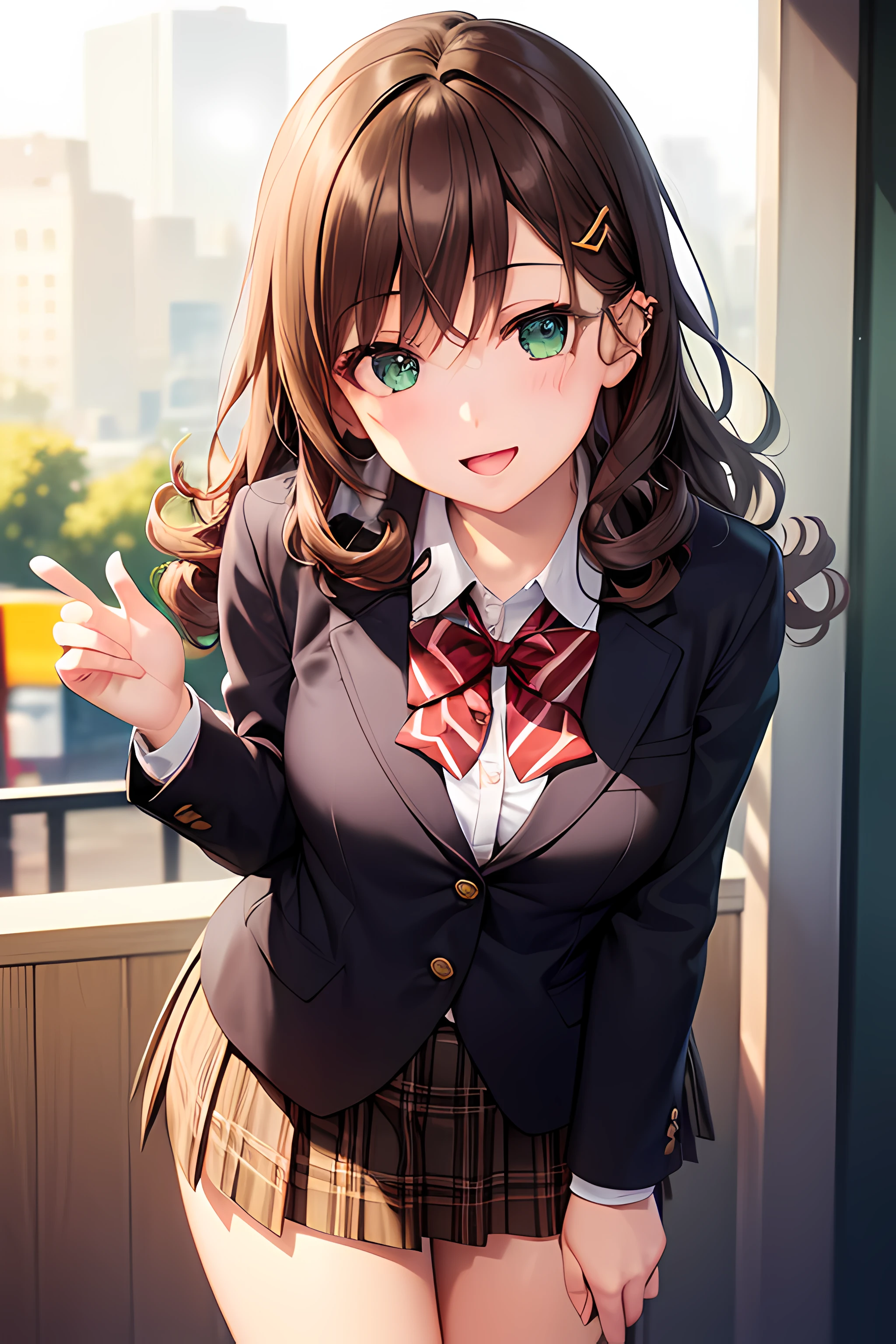 ((masterpiece, best quality, highres, UHD, perfect pixel, depth of field, 4k, RTX, HDR))), 1girl, single, solo, beautiful anime girl, beautiful artstyle, anime character, ((long hair, bangs, dark brown hair, hair pin, curly hair)), ((green eyes:1.4, detailed eyes, beautiful eyes, perfect eyes,curly eyelashes, realistic eyes)), ((detailed face, blushing:1.2)), ((smooth texture:0.75, realistic texture:0.65, photorealistic:1.1, anime CG style)), medium breasts, ((dynamic angle, cowboy shot)), perfect body, ((red bowtie, school uniform, black jacket, open jacket, brown cardigan, white shirt, black skirt, plaid skirt)), smile, open mouth, hand behind back, leaning forward, amusement park