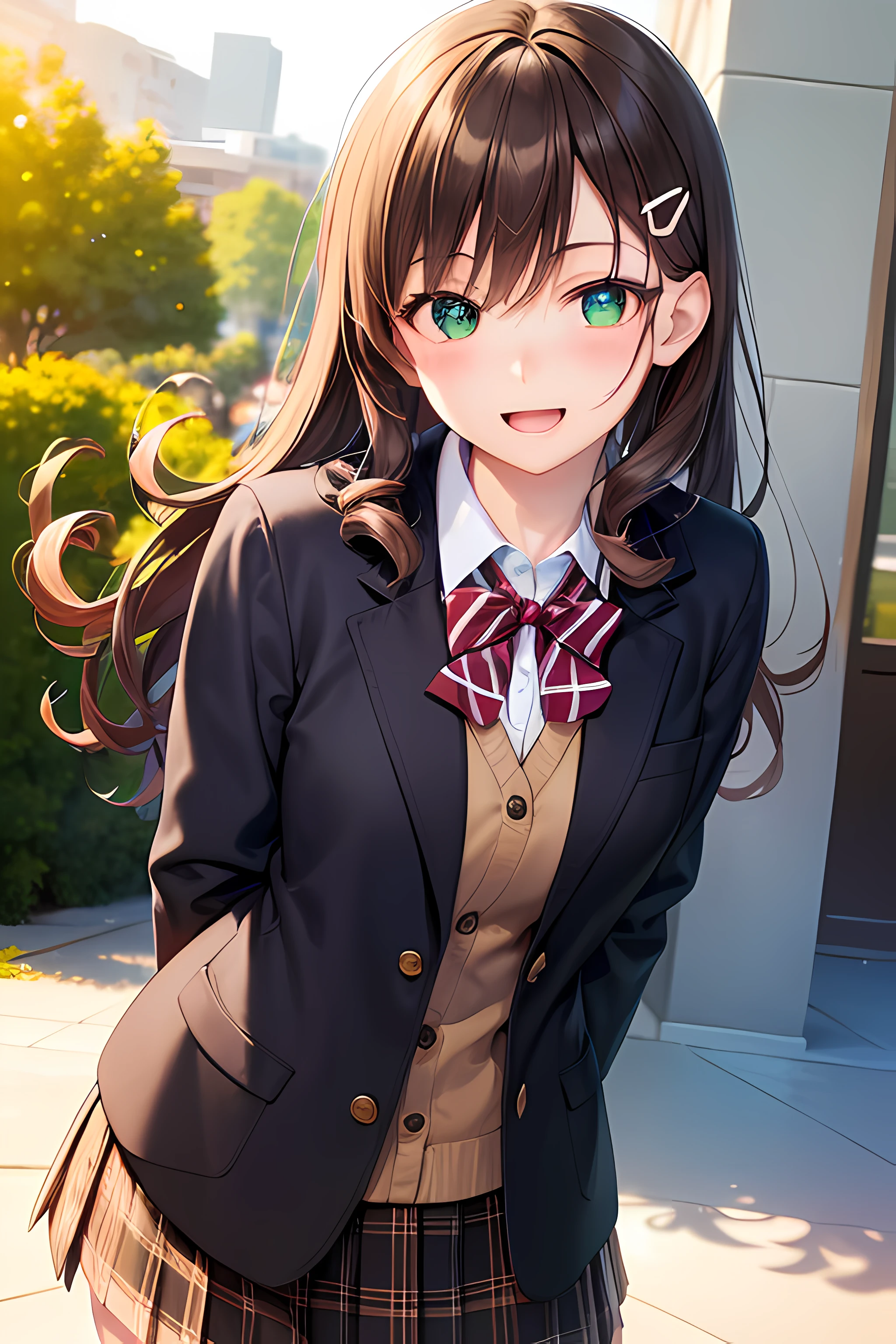 ((masterpiece, best quality, highres, UHD, perfect pixel, depth of field, 4k, RTX, HDR))), 1girl, single, solo, beautiful anime girl, beautiful artstyle, anime character, ((long hair, bangs, dark brown hair, hair pin, curly hair)), ((green eyes:1.4, detailed eyes, beautiful eyes, perfect eyes,curly eyelashes, realistic eyes)), ((detailed face, blushing:1.2)), ((smooth texture:0.75, realistic texture:0.65, photorealistic:1.1, anime CG style)), medium breasts, ((dynamic angle, cowboy shot)), perfect body, ((red bowtie, school uniform, black jacket, open jacket, brown cardigan, white shirt, black skirt, plaid skirt)), smile, open mouth, hand behind back, leaning forward, amusement park