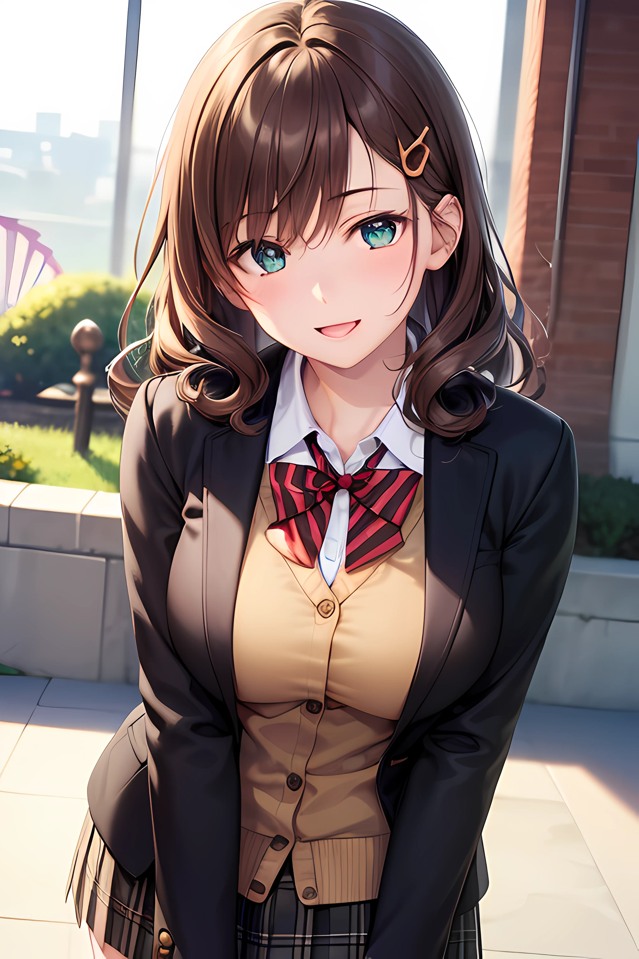 ((masterpiece, best quality, highres, UHD, perfect pixel, depth of field, 4k, RTX, HDR))), 1girl, single, solo, beautiful anime girl, beautiful artstyle, anime character, ((long hair, bangs, dark brown hair, hair pin, curly hair)), ((green eyes:1.4, detailed eyes, beautiful eyes, perfect eyes,curly eyelashes, realistic eyes)), ((detailed face, blushing:1.2)), ((smooth texture:0.75, realistic texture:0.65, photorealistic:1.1, anime CG style)), medium breasts, ((dynamic angle, cowboy shot)), perfect body, ((red bowtie, school uniform, black jacket, open jacket, brown cardigan, white shirt, black skirt, plaid skirt)), smile, open mouth, hand behind back, leaning forward, amusement park