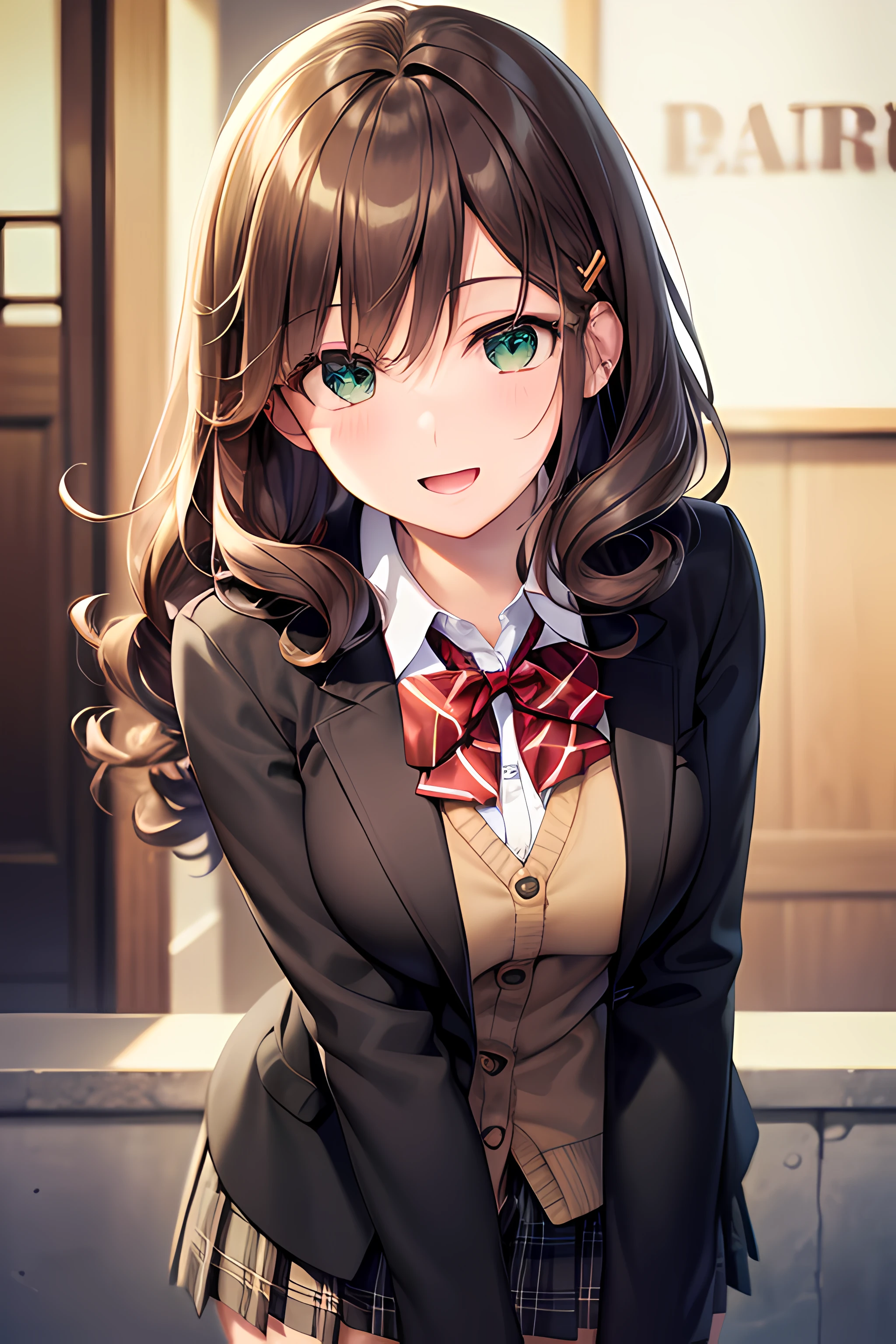 ((masterpiece, best quality, highres, UHD, perfect pixel, depth of field, 4k, RTX, HDR))), 1girl, single, solo, beautiful anime girl, beautiful artstyle, anime character, ((long hair, bangs, dark brown hair, hair pin, curly hair)), ((green eyes:1.4, detailed eyes, beautiful eyes, perfect eyes,curly eyelashes, realistic eyes)), ((detailed face, blushing:1.2)), ((smooth texture:0.75, realistic texture:0.65, photorealistic:1.1, anime CG style)), medium breasts, ((dynamic angle, cowboy shot)), perfect body, ((red bowtie, school uniform, black jacket, open jacket, brown cardigan, white shirt, black skirt, plaid skirt)), smile, open mouth, hand behind back, leaning forward, amusement park