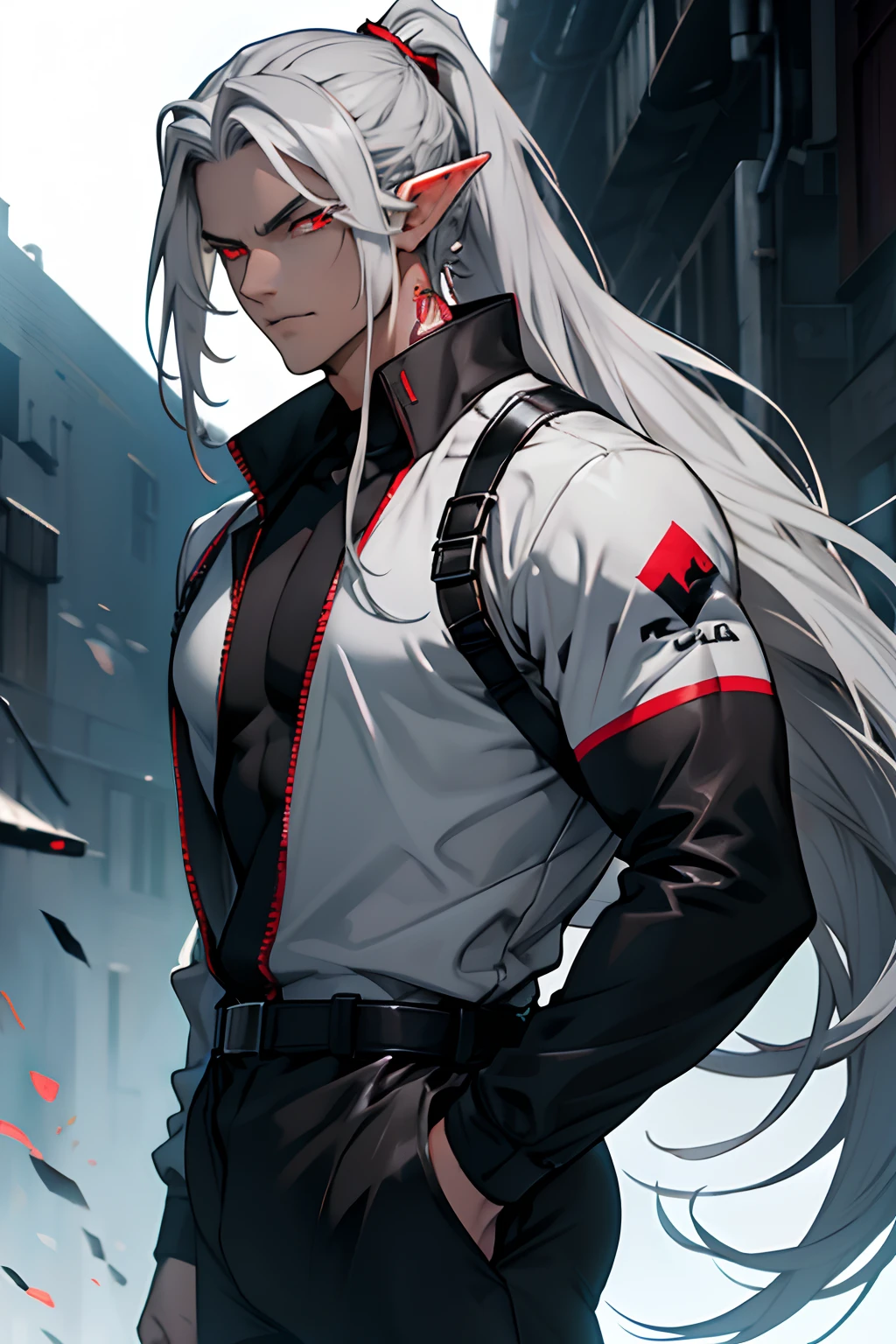 Handsome man , Elf ears , Extremely long hair , Silver hair ,  hair in a ponytail ,red eyes , black sclera , muscular , gray jumpsuit,