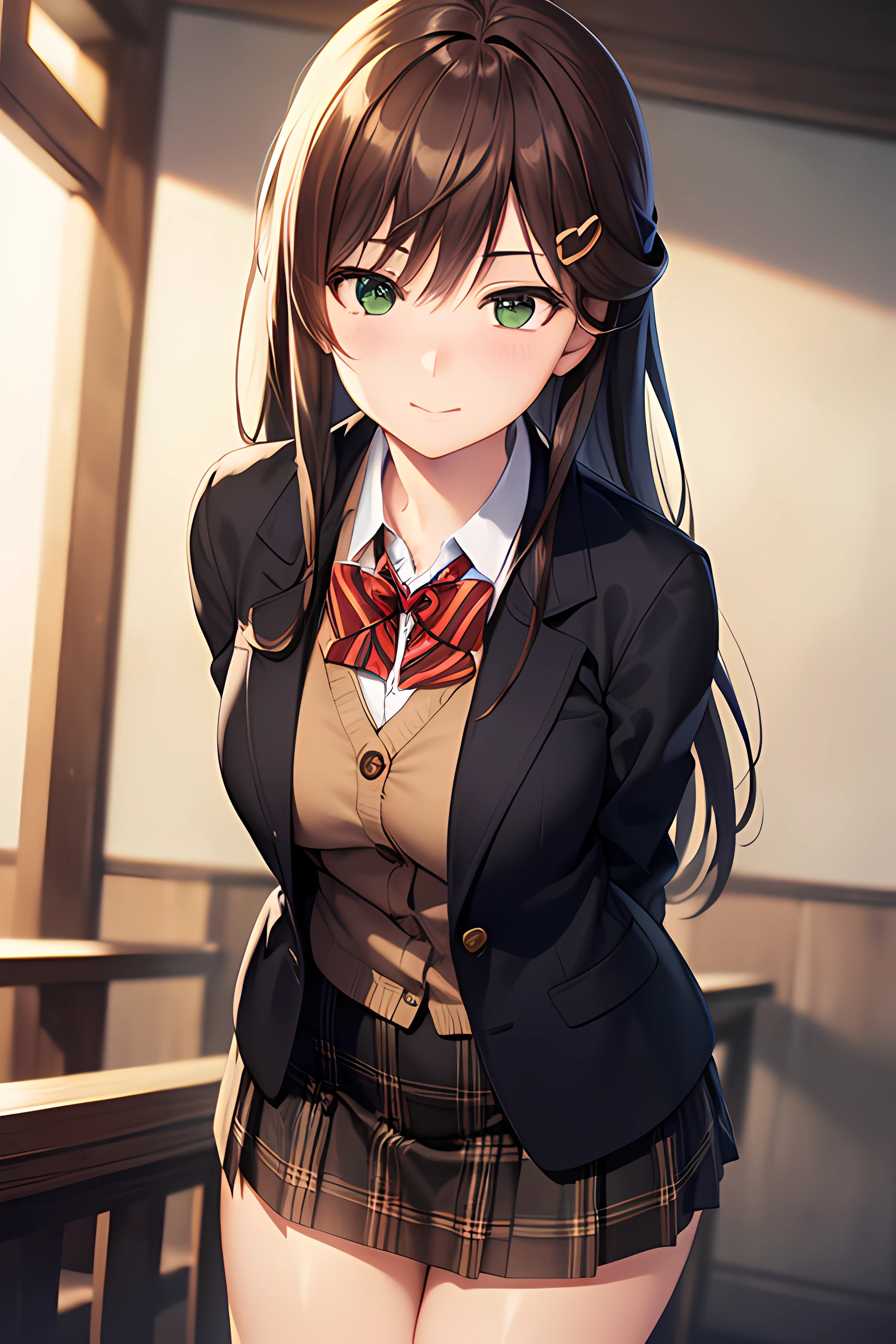 ((masterpiece, best quality, highres, UHD, perfect pixel, depth of field, 4k, RTX, HDR))), 1girl, single, solo, beautiful anime girl, beautiful artstyle, anime character, ((long hair, bangs, dark brown hair, simple hair pin)), ((green eyes:1.4, perfect eyes, beautiful eyelashes, realistic eyes)), ((detailed face, blushing:1.2)), ((smooth texture:0.75, realistic texture:0.65, photorealistic:1.1, anime CG style)), medium breasts, ((dynamic angle, cowboy shot)), perfect body, ((red bowtie, school uniform, black jacket, open jacket, brown cardigan, white shirt, black skirt, plaid skirt)), smile, hand behind back, leaning forward, amusement park