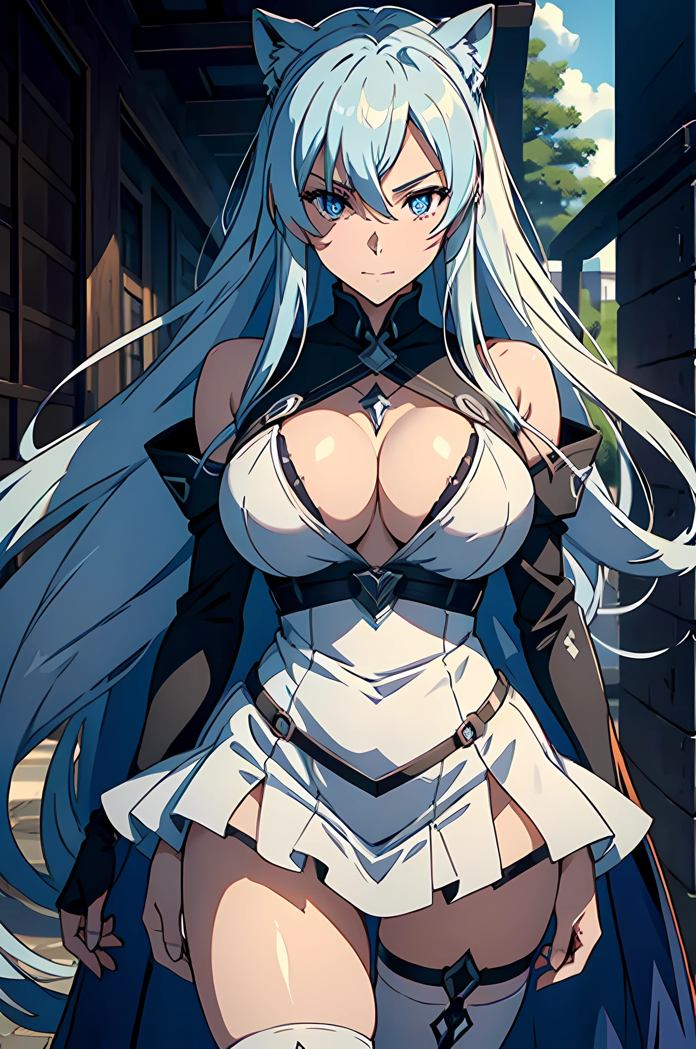(masterpiece), best quality, expressive eyes, perfect face, 1female, face feature is like esdeath from akame ga kill anime series , front facing camera, 25 years old,perfect breasts, body facing front, Pornographic exposure,(Background with:adveturers' village street) hair is white exactly like esdeath from akame ga kill anime series,Big chest, image taken From the front side,Petting the ,mostly cloudy sky,(tmasterpiece),(Very detailed CG unity 8K wallpaper),best quality,cinematic lighting,detailed background,beautiful detailed eyes,Bright pupils,(Very fine and beautiful),(Beautiful and detailed eye description),ultra - detailed,facing at camera,A high resolution,ultra - detailed),Sex slaves,standing on your feet,Smiling,Flushed complexion,is shy, Chest sagging,Camel toes,extremely large bosom,Extremely colorful,Most detailed,head to thighs photo,The face is well lit,