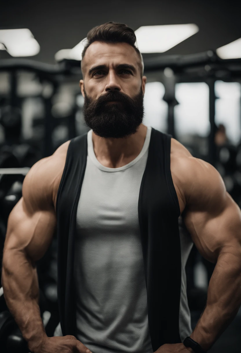 Retrato de um homem comum, that makes gym, non-bodybuilder, rosto com barba e cabelo para tras