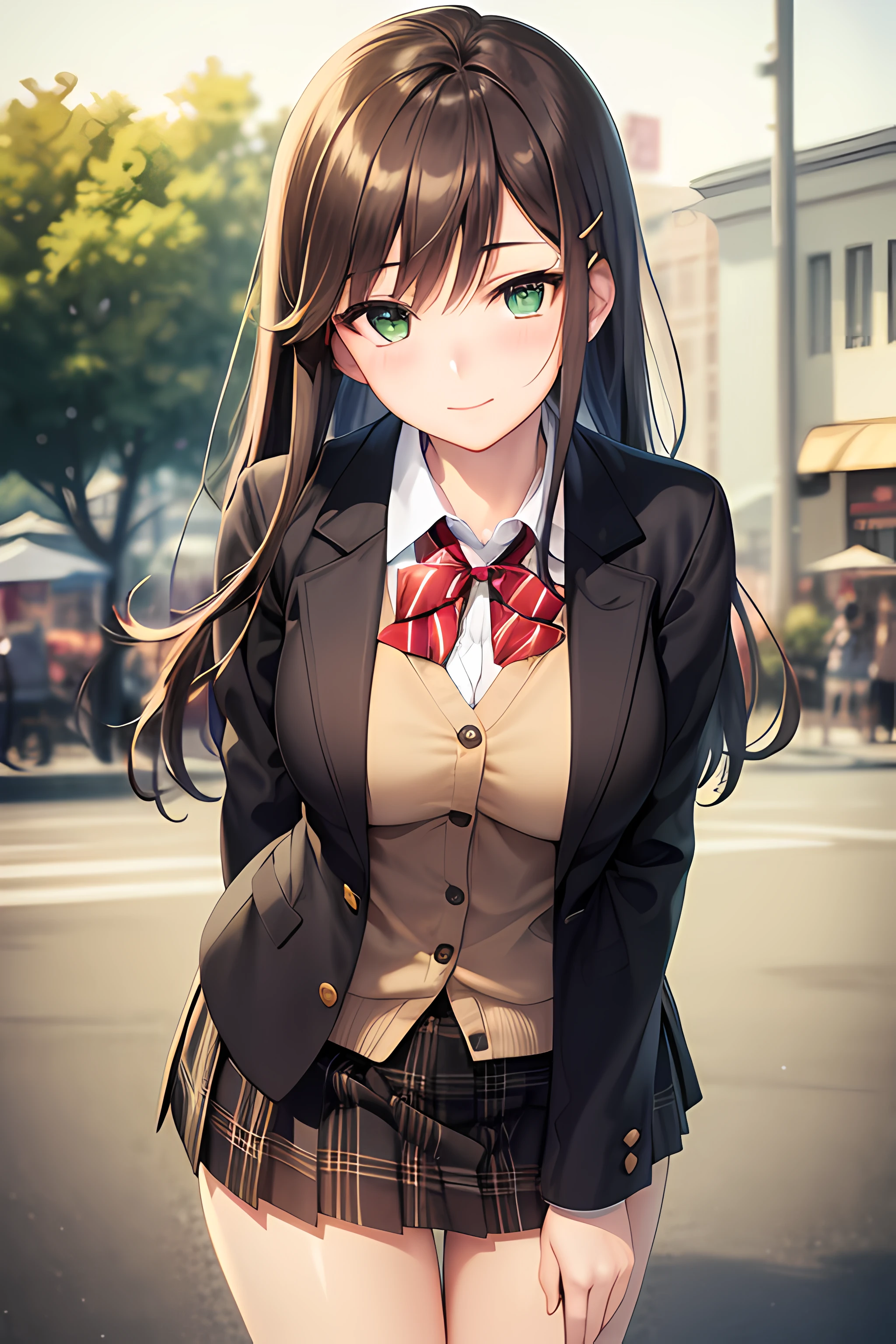 ((masterpiece, best quality, highres, UHD, perfect pixel, depth of field, 4k, RTX, HDR))), 1girl, single, solo, beautiful anime girl, beautiful artstyle, anime character, ((long hair, bangs, dark brown hair, simple hair pin)), ((green eyes:1.4, perfect eyes, beautiful eyelashes, realistic eyes)), ((detailed face, blushing:1.2)), ((smooth texture:0.75, realistic texture:0.65, photorealistic:1.1, anime CG style)), medium breasts, ((dynamic angle, cowboy shot)), perfect body, ((red bowtie, school uniform, black jacket, open jacket, brown cardigan, white shirt, black skirt, plaid skirt)), smile, hand behind back, leaning forward, amusement park