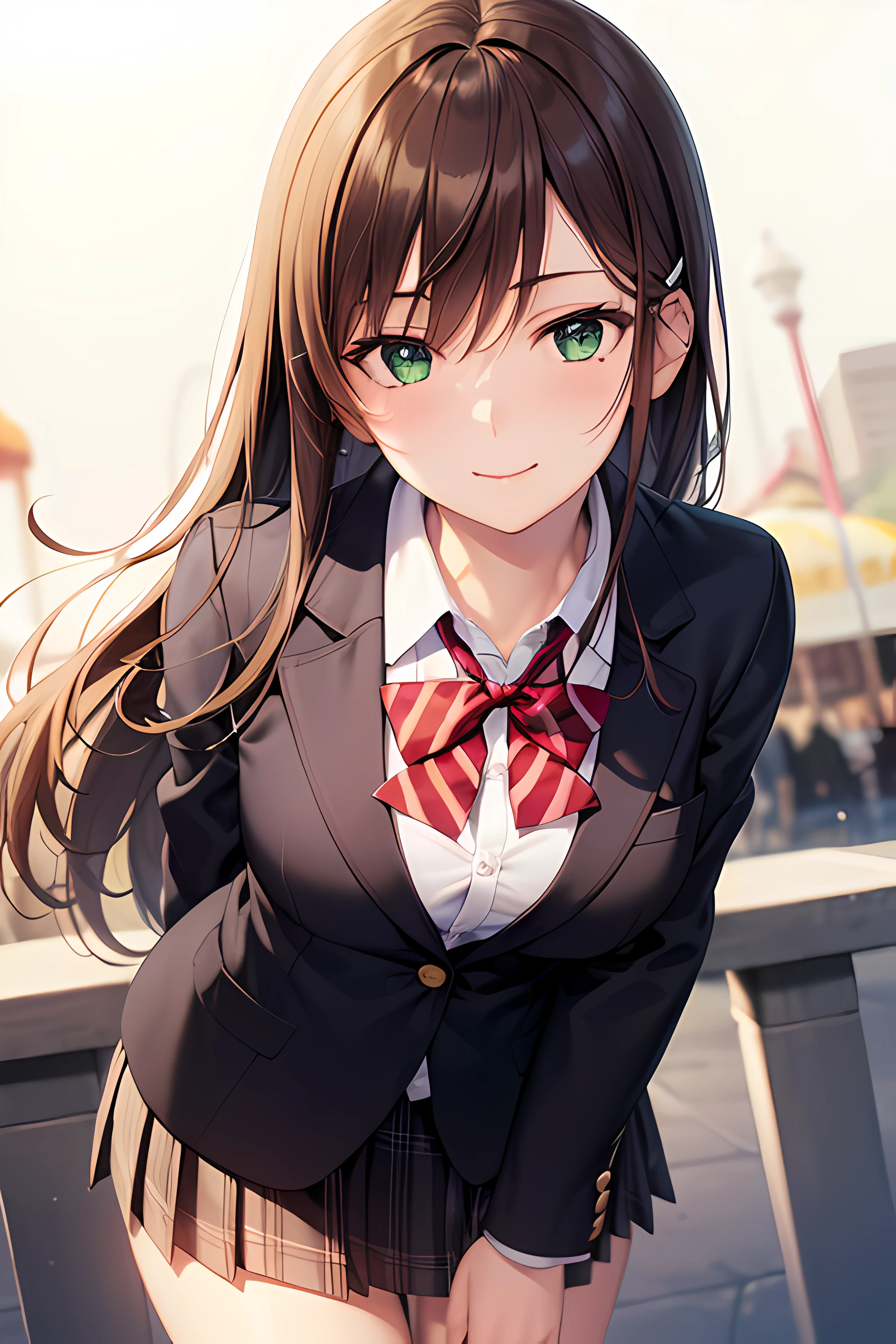 ((masterpiece, best quality, highres, UHD, perfect pixel, depth of field, 4k, RTX, HDR))), 1girl, single, solo, beautiful anime girl, beautiful artstyle, anime character, ((long hair, bangs, dark brown hair, simple hair pin)), ((green eyes:1.4, perfect eyes, beautiful eyelashes, realistic eyes)), ((detailed face, blushing:1.2)), ((smooth texture:0.75, realistic texture:0.65, photorealistic:1.1, anime CG style)), medium breasts, ((dynamic angle, cowboy shot)), perfect body, ((red bowtie, school uniform, black jacket, open jacket, brown cardigan, white shirt, black skirt, plaid skirt)), smile, hand behind back, leaning forward, amusement park