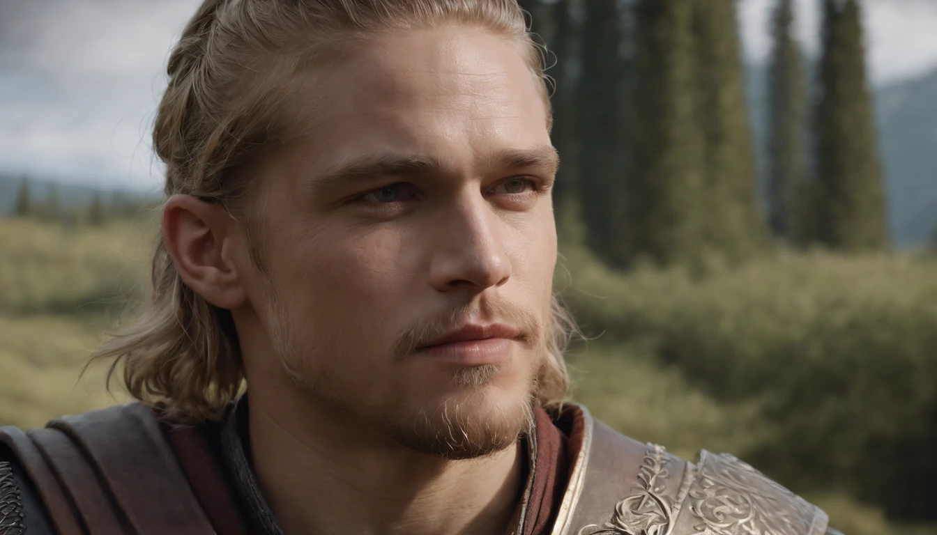 A DND character, Oath of the Ancients paladin with blonde hair who slightly looks like Charlie Hunnam. He has a scar that goes from his nose to the left cheek which adds some bravery to his overall look. The paladin is looking directly at the screen, his piercing blue sight is very deep and disturbed. The character is muscular and strong, you can see the handle of his sword behind his back. Depict the grass full of dew, creating a serene atmosphere in the background, so that it is seen that the character gets his power from the Nature. Use a distinctive artistic style of Greg Rutkowski. The right proportions. The right composition. The right perspective. High quality. 4k.