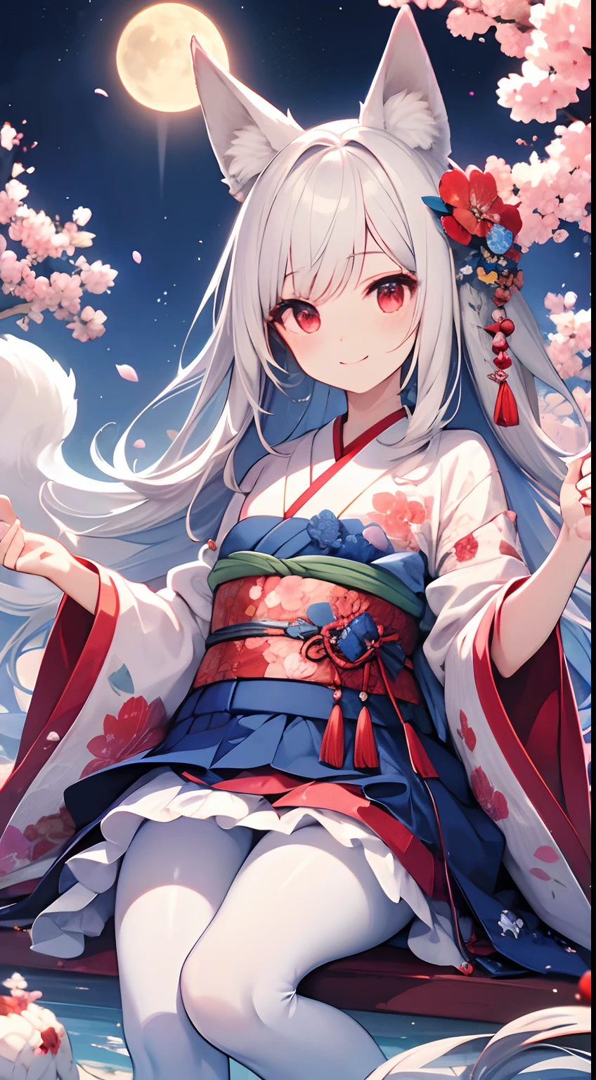 High quality, masterpiece, ultra-detailed, fox ears，white kimono, long white hair, enchanting red eyes, japanese style , moon, sakura， pantyhose，smile