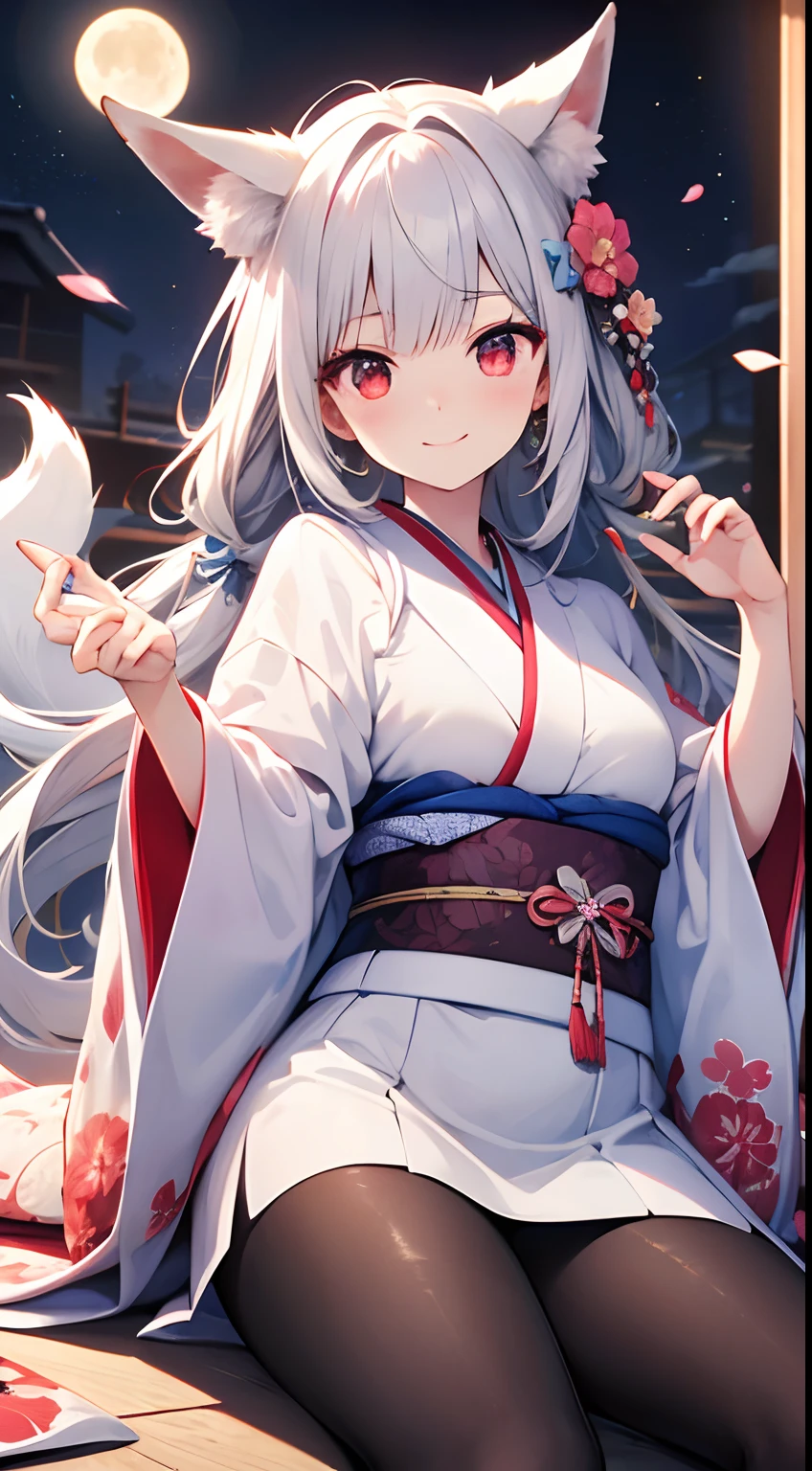 High quality, masterpiece, ultra-detailed, fox ears，white kimono, long white hair, enchanting red eyes, japanese style , moon, sakura， pantyhose，smile