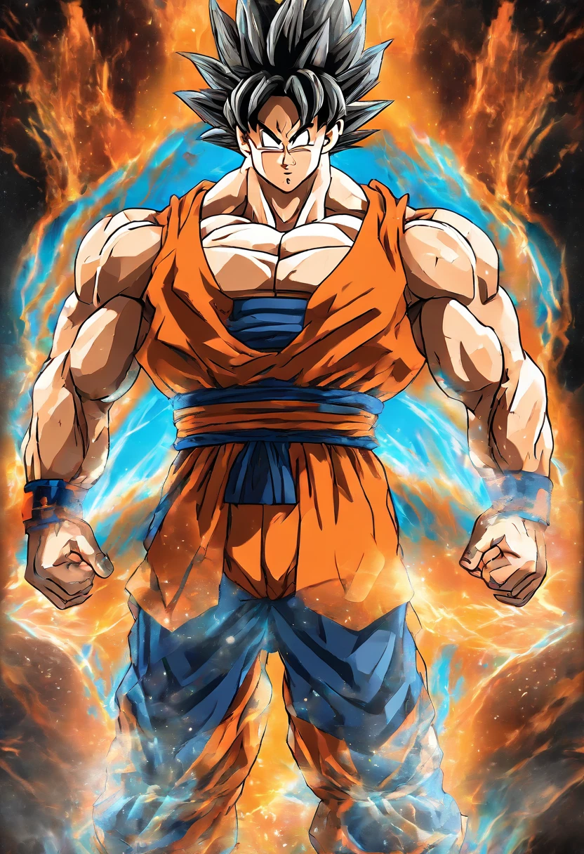 (a muscular man, Goku:2.5),(anime style),(dynamic fighting pose),(strong and determined expression),(fiery energy aura),(powerful Kamehameha wave),(intense battle scene),(colored in vibrant tones),(bright and striking lighting),(detailed muscles and facial features),(ultra-high resolution,4k),(professional artwork:1.2)