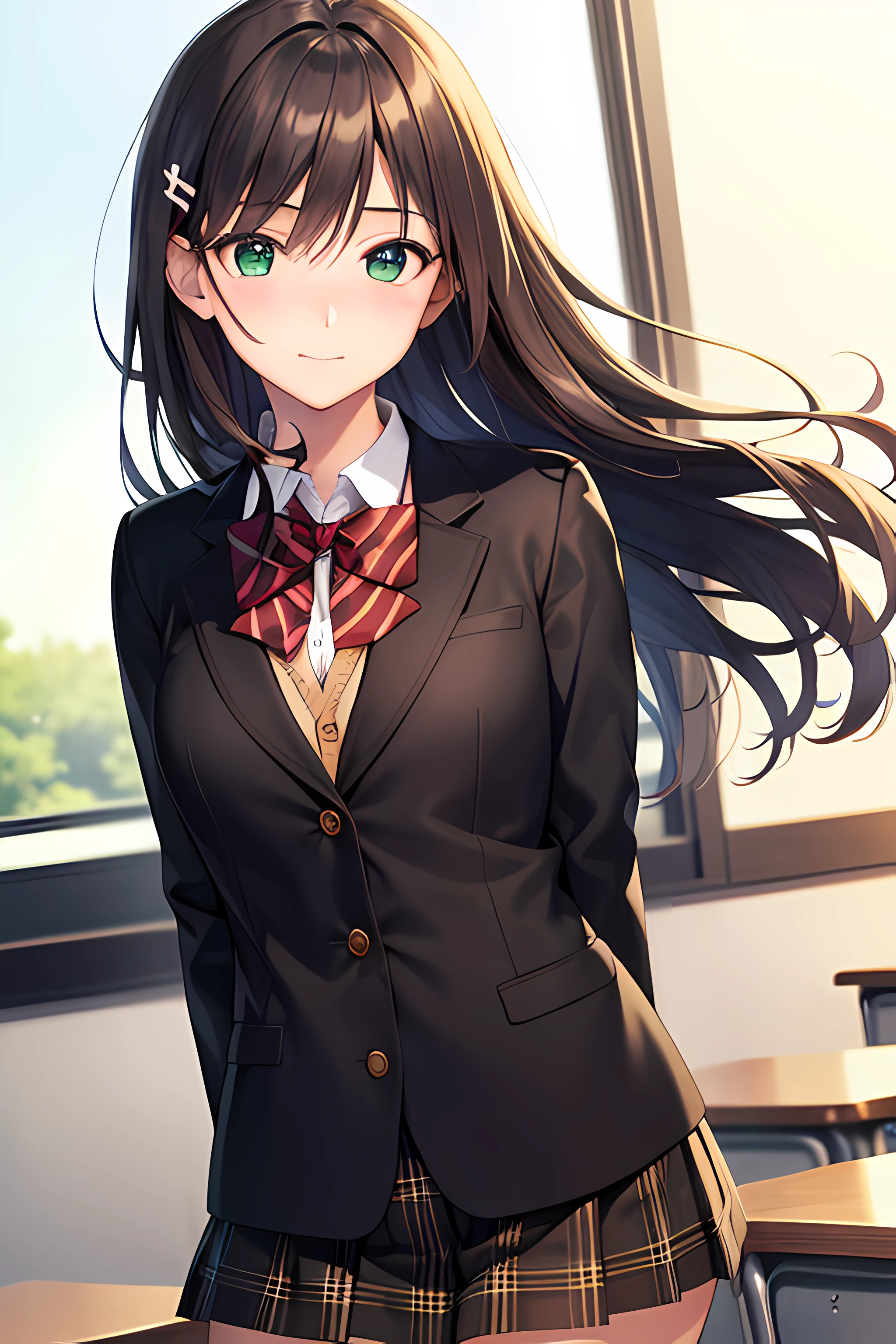 ((masterpiece, best quality, highres, UHD, perfect pixel, depth of field, 4k, RTX, HDR))), 1girl, single, solo, beautiful anime girl, beautiful artstyle, anime character, ((long hair, bangs, dark brown hair, simple hair pin)), ((green eyes:1.4, rounded eyes, eye pupil, beautiful eyelashes, realistic eyes)), ((detailed face, blushing:1.2)), ((smooth texture:0.75, realistic texture:0.65, photorealistic:1.1, anime CG style)), medium breasts, ((dynamic angle, cowboy shot)), perfect body, ((red bowtie, school uniform, black jacket, open jacket, brown cardigan, white shirt, black skirt, plaid skirt)), smile, hand behind back, classroom