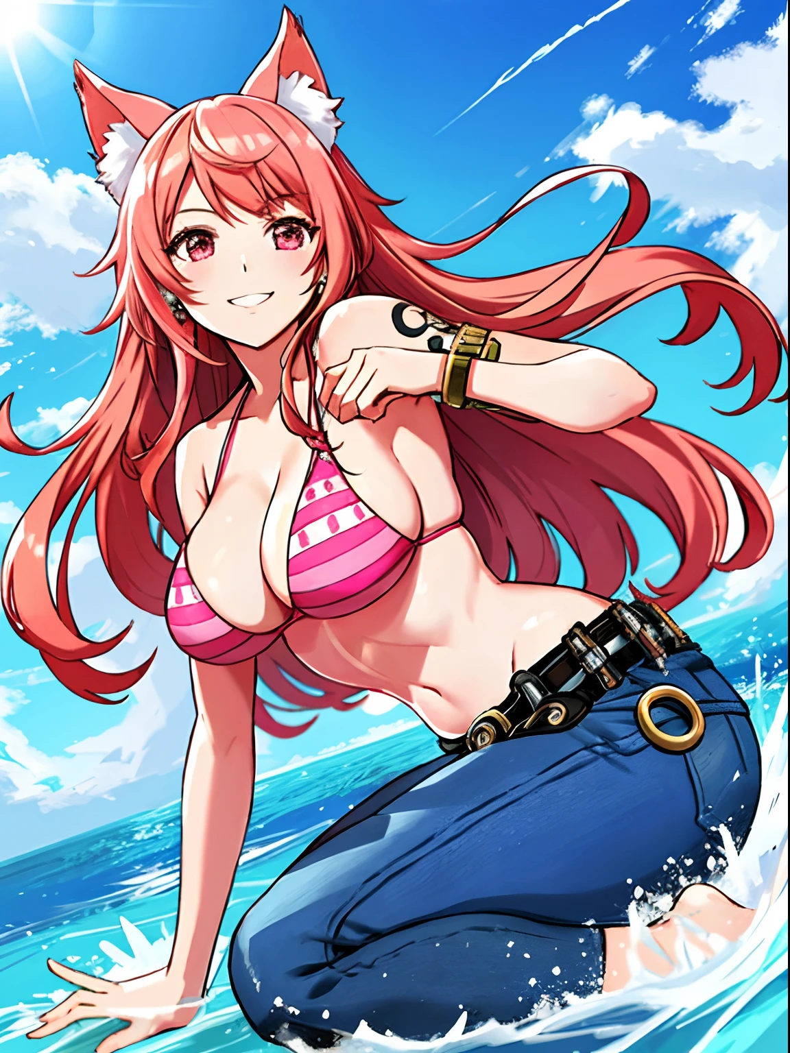 detailed background, masterpiece, 4k, epic, best quality, cheerful, late youth, adult, milf, athlete body, 1girl, cat ears pink, pink hair, pink neko ears, active, energic, ((wide open mouth, folded legs, smile, lying on the ground, fully lying down, open eyes, hands spread sideway, jumping)) , solo, nami \(one piece\), 1girl, bangle, (very missy long hair, tired, open mouth, feeling hot, tilting head, both hands spreadeagled, serious, hurt, glaring, open eyes, looking up, perfect detailed face, detailed round face) bold drawing lines, muscular arms, detailed bold body lines, flat jaw, adult woman, (wavy wide streaked bangs, floating bang, long left bangs ) (big cheeks), bare shoulders, off-shoulders, belt, bikini, bikini top only, blue sky, bracelet, springy breasts, breast lines, big round eyes, very big violet shiny eyes, bubbles, high eye position, cleavage, cloud, day, denim, earrings, floating hair, wavy long hair, shiny hair, green belt, green bikini, bold groin lines, ((straw hat)), long jeans, jewelry, medium breasts, log pose, long pink hair, looking at viewer, long navel, wet hair, pink hair, pants, shoulder tattoo, sidelocks, sky, solo, stomach, swimsuit, tattoo, detailed left arm, big forehead, hourglass figure, small head, toned body, wide hair, wind effect, sun effect, under the sun, narrow small ears angle, older, straight shot, water splashes, marks red in the face like Ahri from league of legends, pink hair,