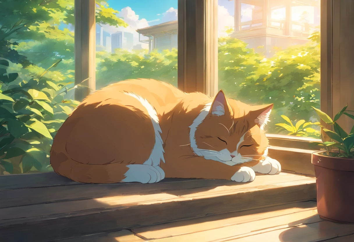 Raise a lazy cat sleeping in a window near a sunny day garden