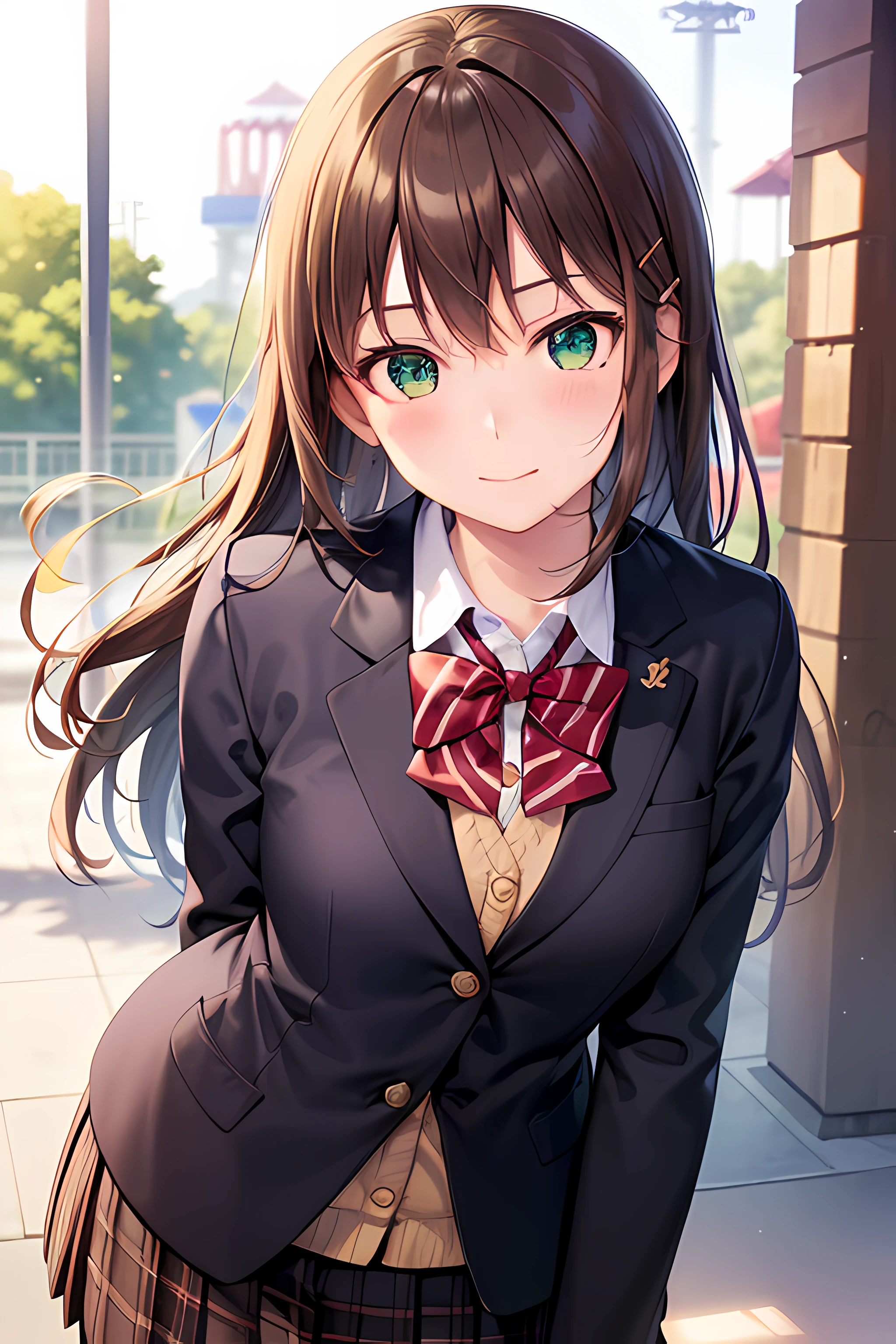 ((masterpiece, best quality, highres, UHD, perfect pixel, depth of field, 4k, RTX, HDR))), 1girl, single, solo, beautiful anime girl, beautiful artstyle, anime character, ((long hair, bangs, dark brown hair, simple hair pin)), ((green eyes:1.4, rounded eyes, eye pupil, beautiful eyelashes, realistic eyes)), ((detailed face, blushing:1.2)), ((smooth texture:0.75, realistic texture:0.65, photorealistic:1.1, anime CG style)), medium breasts, ((dynamic angle, cowboy shot)), perfect body, ((red bowtie, school uniform, black jacket, open jacket, brown cardigan, white shirt, black skirt, plaid skirt)), smile, hand behind back, leaning forward, amusement park, cherry blossoms