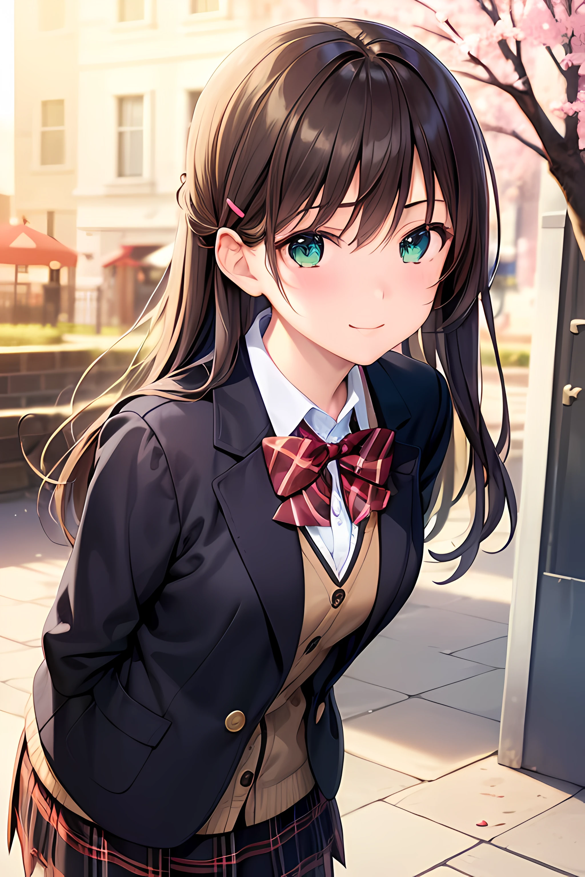 ((masterpiece, best quality, highres, UHD, perfect pixel, depth of field, 4k, RTX, HDR))), 1girl, single, solo, beautiful anime girl, beautiful artstyle, anime character, ((long hair, bangs, dark brown hair, simple hair pin)), ((green eyes:1.4, rounded eyes, eye pupil, beautiful eyelashes, realistic eyes)), ((detailed face, blushing:1.2)), ((smooth texture:0.75, realistic texture:0.65, photorealistic:1.1, anime CG style)), medium breasts, ((dynamic angle, cowboy shot)), perfect body, ((red bowtie, school uniform, black jacket, open jacket, brown cardigan, white shirt, black skirt, plaid skirt)), smile, hand behind back, leaning forward, amusement park, cherry blossoms