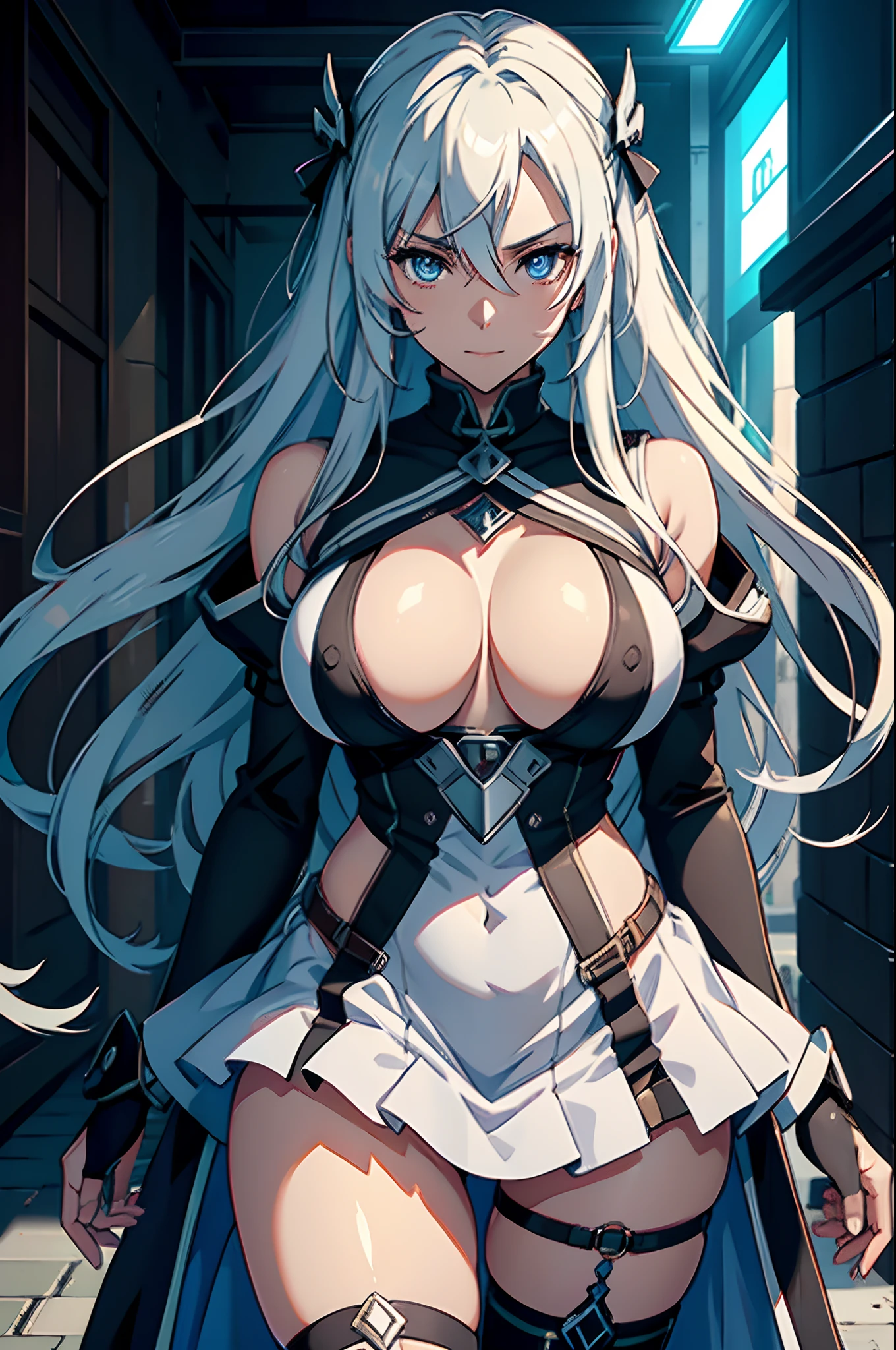 (masterpiece), best quality, expressive eyes, perfect face, 1female, face feature is like esdeath from akame ga kill anime series , front facing camera, 25 years old，perfect breasts， body facing front, Pornographic exposure，（Background with：adveturers' village street） hair is white exactly like esdeath from akame ga kill anime series，Big chest， image taken From the front side，Petting the ，mostly cloudy sky，（tmasterpiece），（Very detailed CG unity 8K wallpaper），best quality，cinematic lighting，detailed background，beautiful detailed eyes，Bright pupils，（Very fine and beautiful），（Beautiful and detailed eye description），ultra - detailed，facing at camera，A high resolution，ultra - detailed），Sex slaves，standing on your feet，Smiling，Flushed complexion，is shy, Chest sagging，Camel toes，extremely large bosom，Extremely colorful，Most detailed，head to thighs photo，The face is well lit,