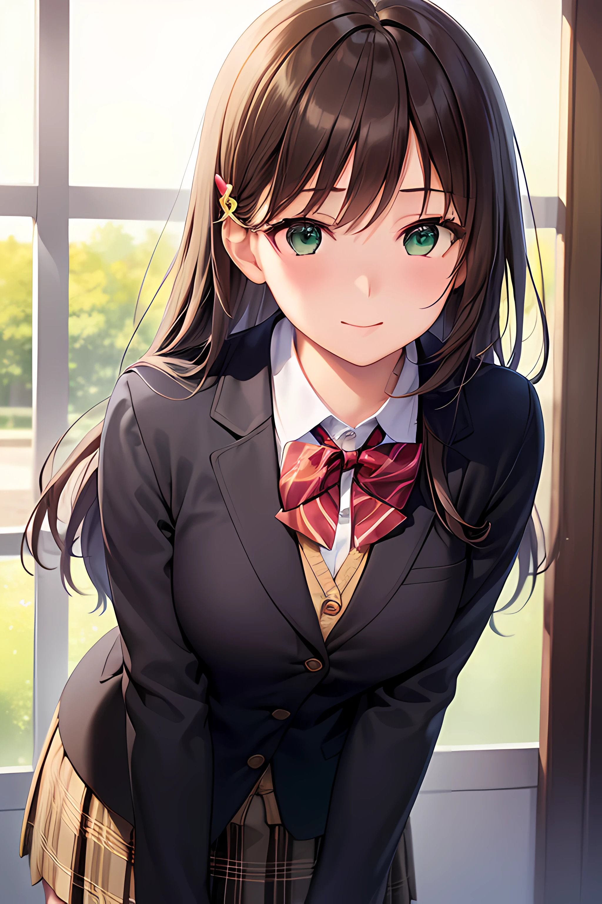 ((masterpiece, best quality, highres, UHD, perfect pixel, depth of field, 4k, RTX, HDR))), 1girl, single, solo, beautiful anime girl, beautiful artstyle, anime character, ((long hair, bangs, dark brown hair, simple hair pin)), ((green eyes:1.4, rounded eyes, beautiful eyelashes, realistic eyes)), ((detailed face, blushing:1.2)), ((smooth texture:0.75, realistic texture:0.65, photorealistic:1.1, anime CG style)), medium breasts, ((dynamic angle, close up, pov)), perfect body, ((red bowtie, school uniform, black jacket, open jacket, brown cardigan, white shirt, black skirt, plaid skirt)), smile, hand behind back, leaning forward, amusement park, cherry blossoms