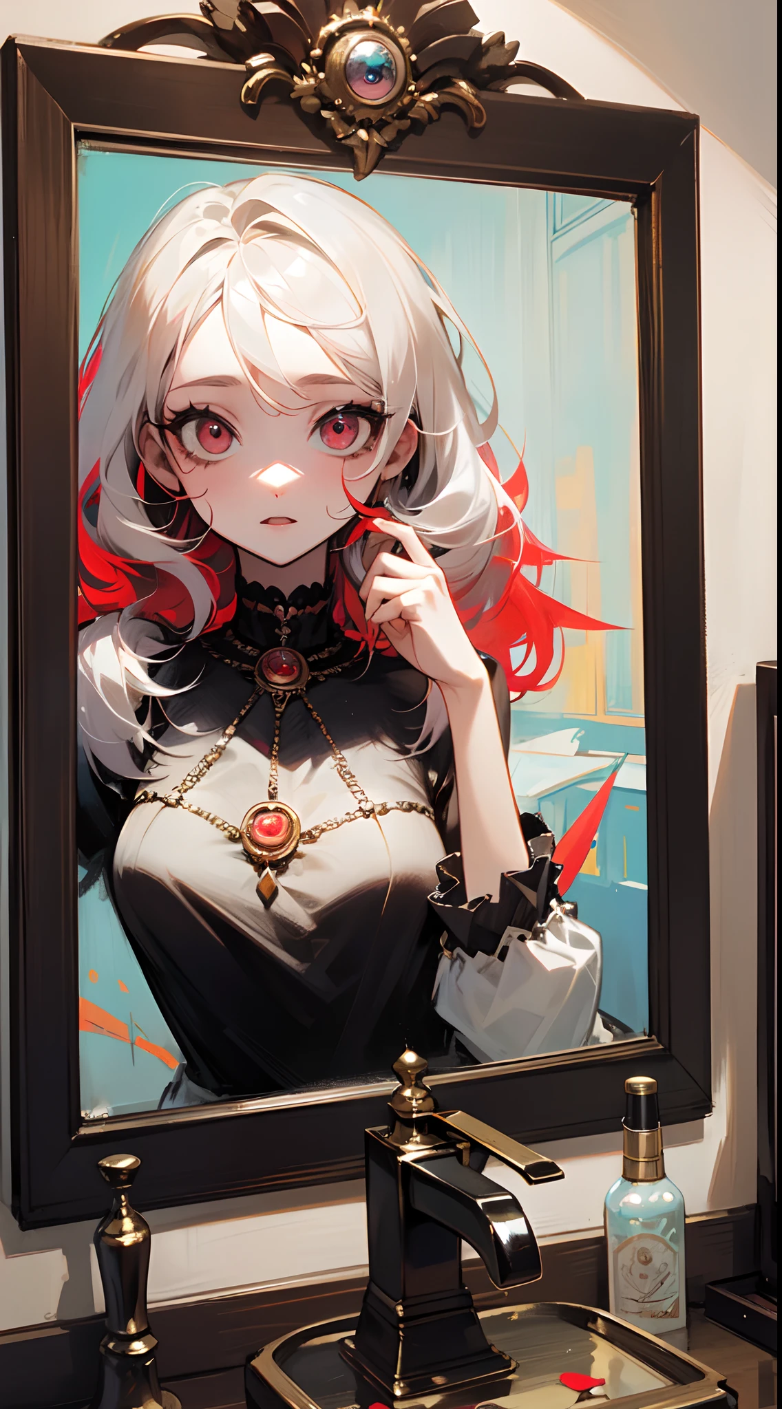 ((Tema de terror)),Una chica, de cabello blanco, con un ojo rojo, sangrante, se mirando al espejo