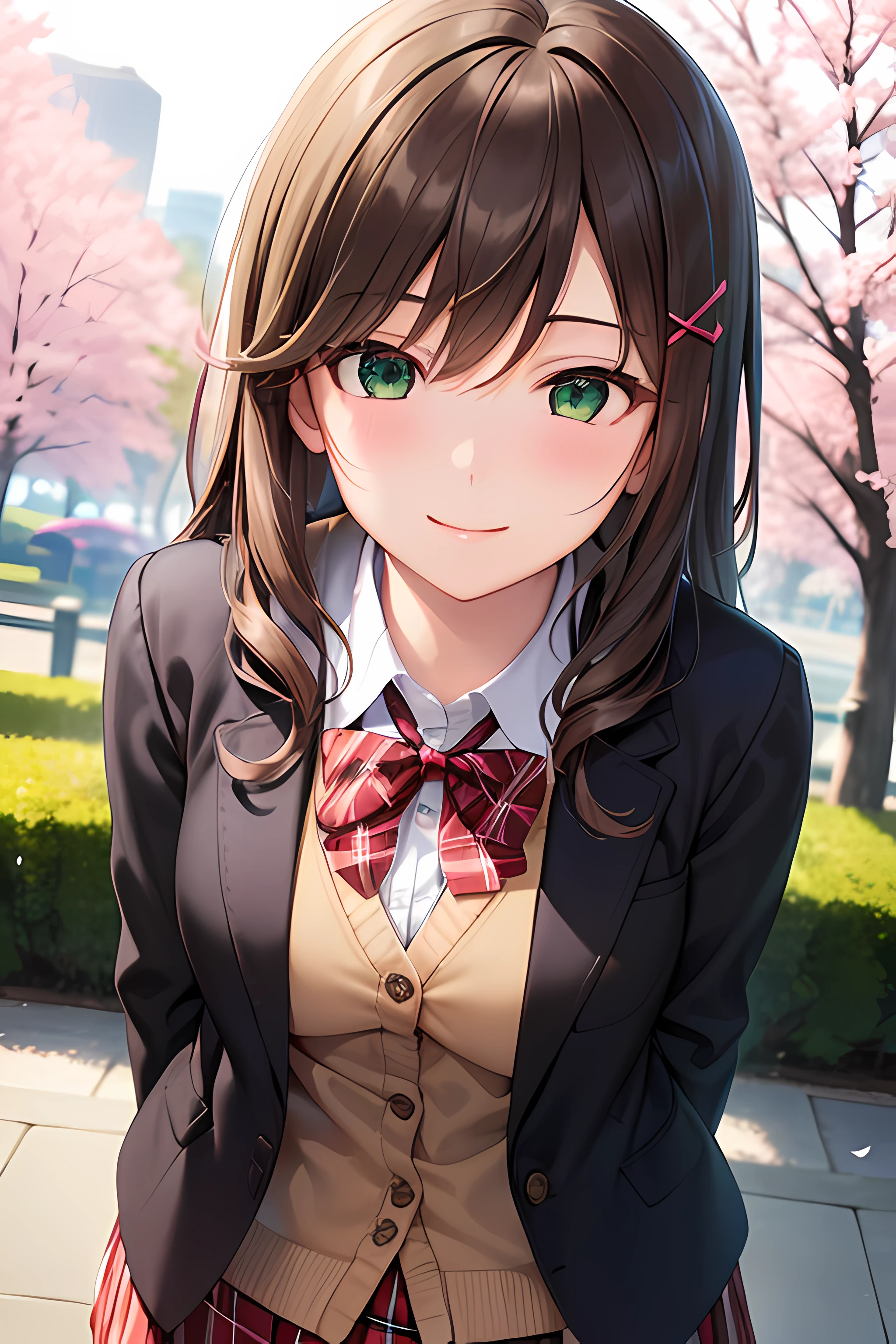 ((masterpiece, best quality, highres, UHD, perfect pixel, depth of field, 4k, RTX, HDR))), 1girl, single, solo, beautiful anime girl, beautiful artstyle, anime character, ((long hair, bangs, dark brown hair, curly hair:0.4, simple hair pin)), ((green eyes:1.4, rounded eyes, beautiful eyelashes, realistic eyes)), ((detailed face, blushing:1.2)), ((smooth texture:0.75, realistic texture:0.65, photorealistic:1.1, anime CG style)), medium breasts, ((dynamic angle, close up, pov)), perfect body, ((red bowtie, school uniform, black jacket, open jacket, brown cardigan, white shirt, black skirt, plaid skirt)), smile, hand behind back, leaning forward, amusement park, cherry blossoms