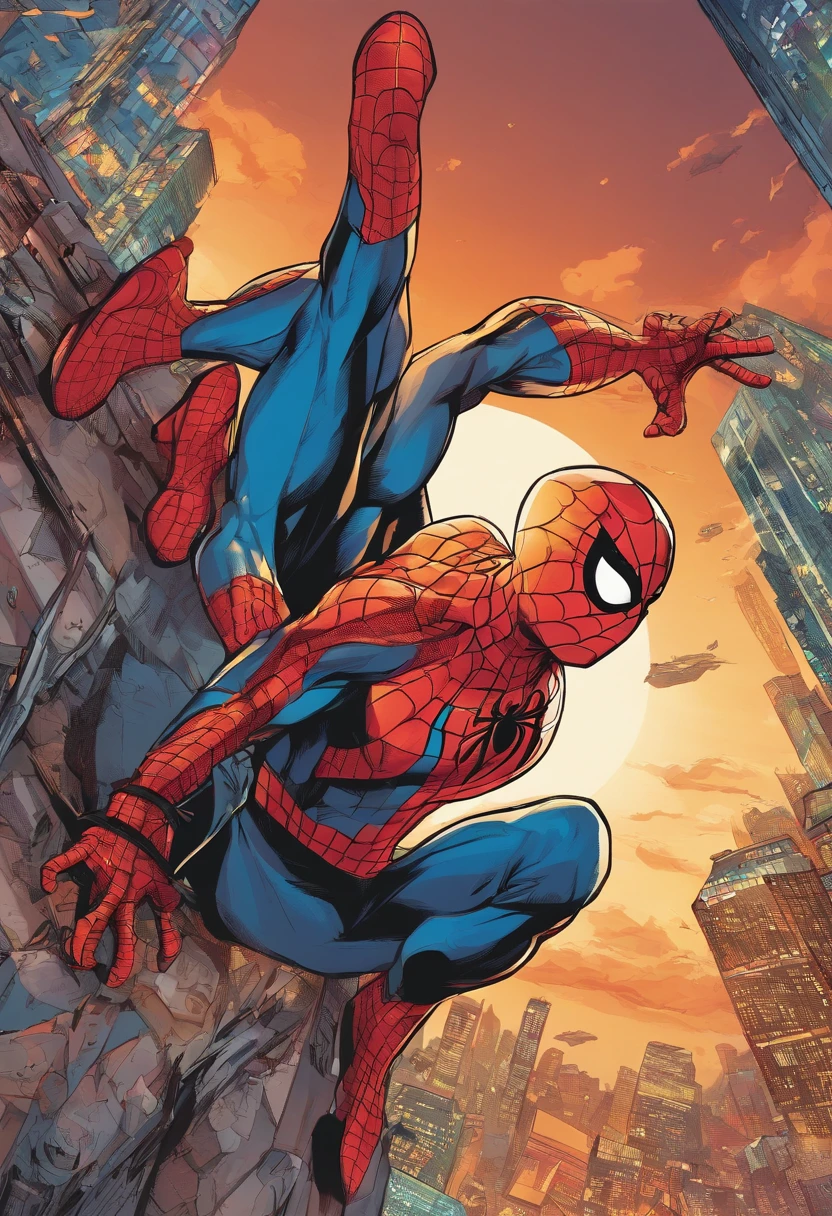 Spider man in mask on top of a skyscraper,illustration,detailed cityscape,high quality,ultra-detailed,realistic,comic book style,red and blue color palette,dynamic lighting,city lights,web-slinging action,superhero silhouette,urban backdrop,flying cars,tall buildings,spectacular view,night scene (best quality,4k,8k,highres,masterpiece:1.2),portrait,action-packed scene