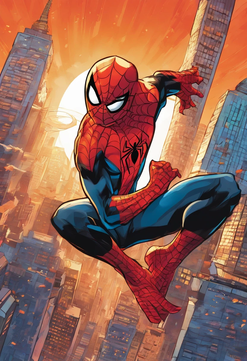 Spider man in mask on top of a skyscraper,illustration,detailed cityscape,high quality,ultra-detailed,realistic,comic book style,red and blue color palette,dynamic lighting,city lights,web-slinging action,superhero silhouette,urban backdrop,flying cars,tall buildings,spectacular view,night scene (best quality,4k,8k,highres,masterpiece:1.2),portrait,action-packed scene