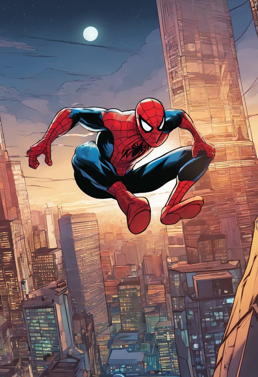 Spider man in mask on top of a skyscraper,illustration,detailed cityscape,high quality,ultra-detailed,realistic,comic book style,red and blue color palette,dynamic lighting,city lights,web-slinging action,superhero silhouette,urban backdrop,flying cars,tall buildings,spectacular view,night scene (best quality,4k,8k,highres,masterpiece:1.2),portrait,action-packed scene