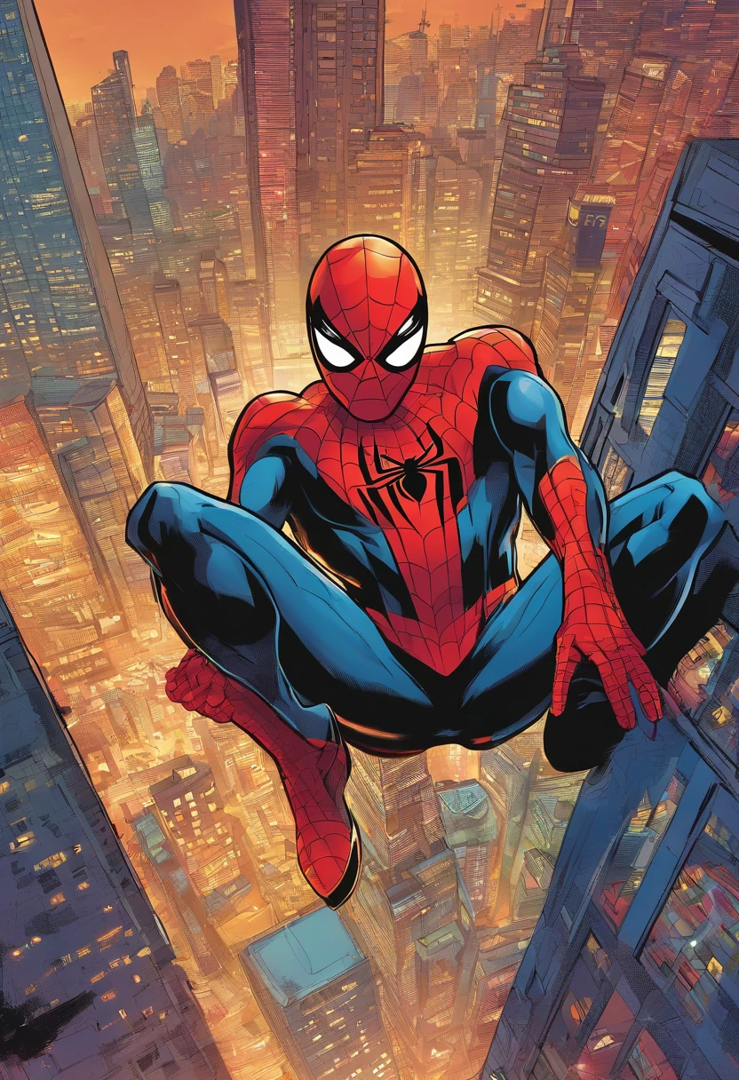 Spider man in mask on top of a skyscraper,illustration,detailed cityscape,high quality,ultra-detailed,realistic,comic book style,red and blue color palette,dynamic lighting,city lights,web-slinging action,superhero silhouette,urban backdrop,flying cars,tall buildings,spectacular view,night scene (best quality,4k,8k,highres,masterpiece:1.2),portrait,action-packed scene