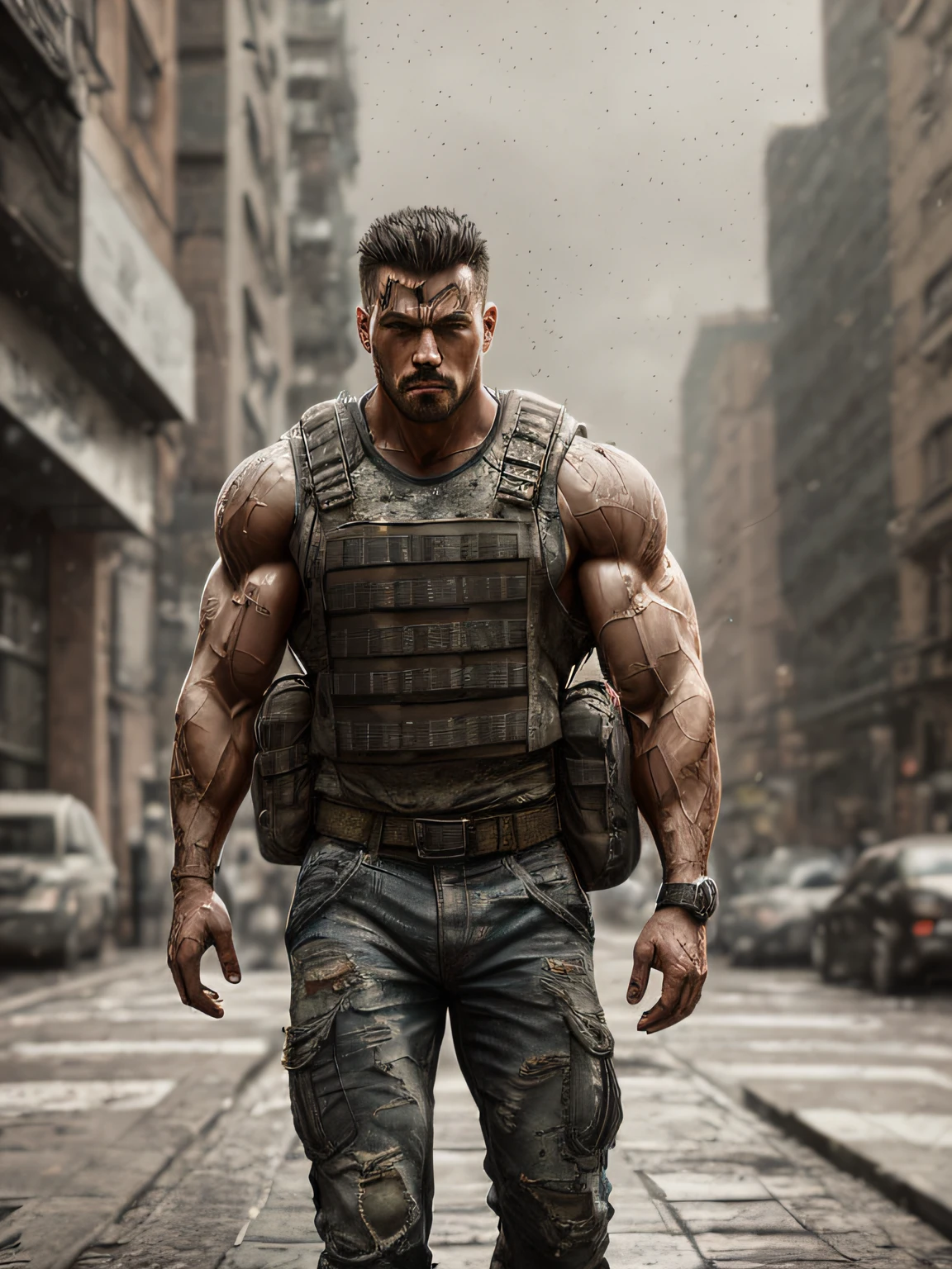 strong muscular man, street angry, backpack, epic realistic, photo, faded, complex stuff around, intricate background, soaking wet, neutral colors, ((((hdr)))), ((((muted colors)))), intricate scene, artstation, intricate details, vignette