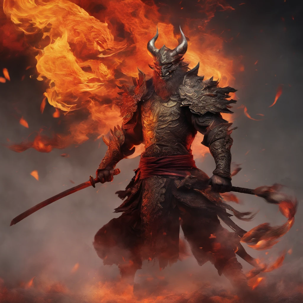 (highres,best quality:1.2),ultra-detailed,realistic:1.37,a samurai holding a flaming katana, mega detailed samurai,extremely detailed monster,a gigantic chimera-shaped monster, explosively detailed monster, intensely detailed katana,monstrous and detailed katana,fire-filled katana, highly detailed environment,wildly detailed background,stunningly detailed scenery,richly detailed setting,visually spectacular setting,vivid atmosphere,mesmerizing atmosphere,artistic setting,richly textured environment,realistic landscape,photo-realistic landscape,landscape with breathtaking details,fiery landscape,apocalyptic landscape,extensively detailed fire,air filled with heavy smoke,atmosphere filled with tension, dramatic ambiance,dynamic atmosphere,detailed character designs,beautifully illustrated characters,emotionally charged characters,aesthetic character design,expressive faces and postures,stylish character attire,colorful and vibrant costumes,impressive character poses,attention-grabbing character expressions,battle ready samurai, fiery monster with intricate patterns, intense and fierce monster,ominous and terrifying monster,monstrous appearance with fire,creature with mythical attributes,dark and awe-inspiring creature,chaotic and menacing creature,combination of different animal features,flaming horns and wings,detailed feathers and scales,massive and powerful monster,devastating presence and impact,ultimate clash between samurai and monster,epic battle scene with high stakes,state-of-the-art special effects,explosive action and movement,dynamic poses and fighting techniques,heroic stance and fearless expression,flaming aura surrounding the samurai,glowing flames engulfing the katana,fiery trails left behind by the sword swings,shimmering light illuminating the battlefield,immersive lighting with dynamic shadows,atmospheric lighting with vibrant colors,strong contrast of light and dark tones,emphasizing tension and drama with lighting effects,incandescent red and oran