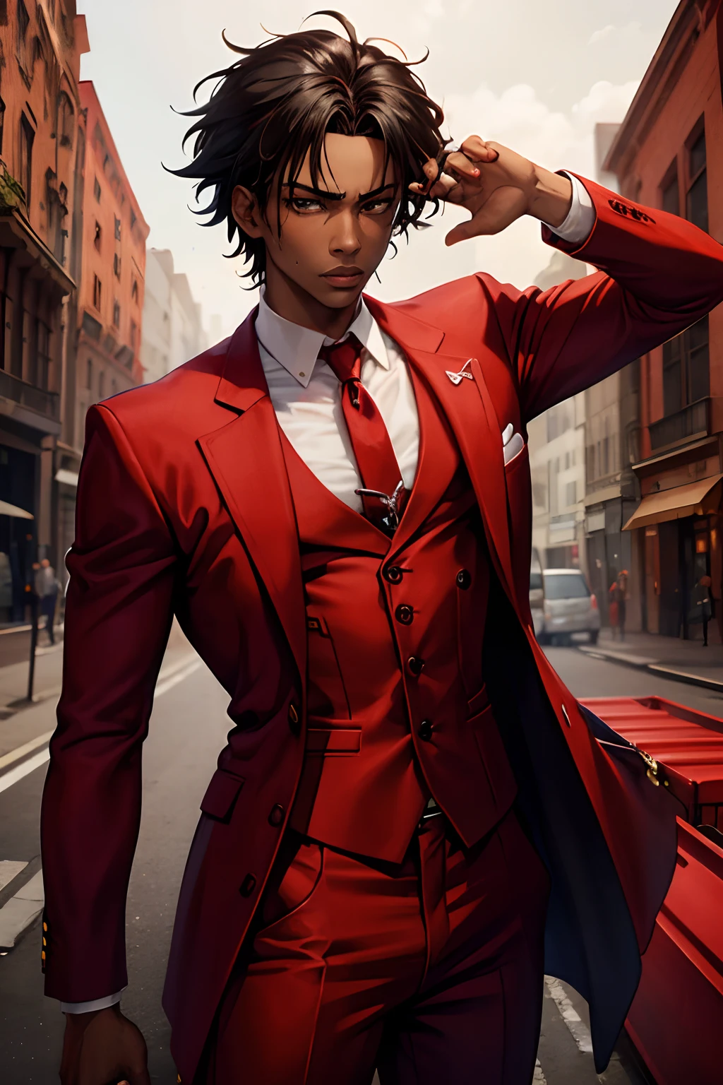 Red suit, black young man, messy hair, show, jojo pose, man, drip, defined