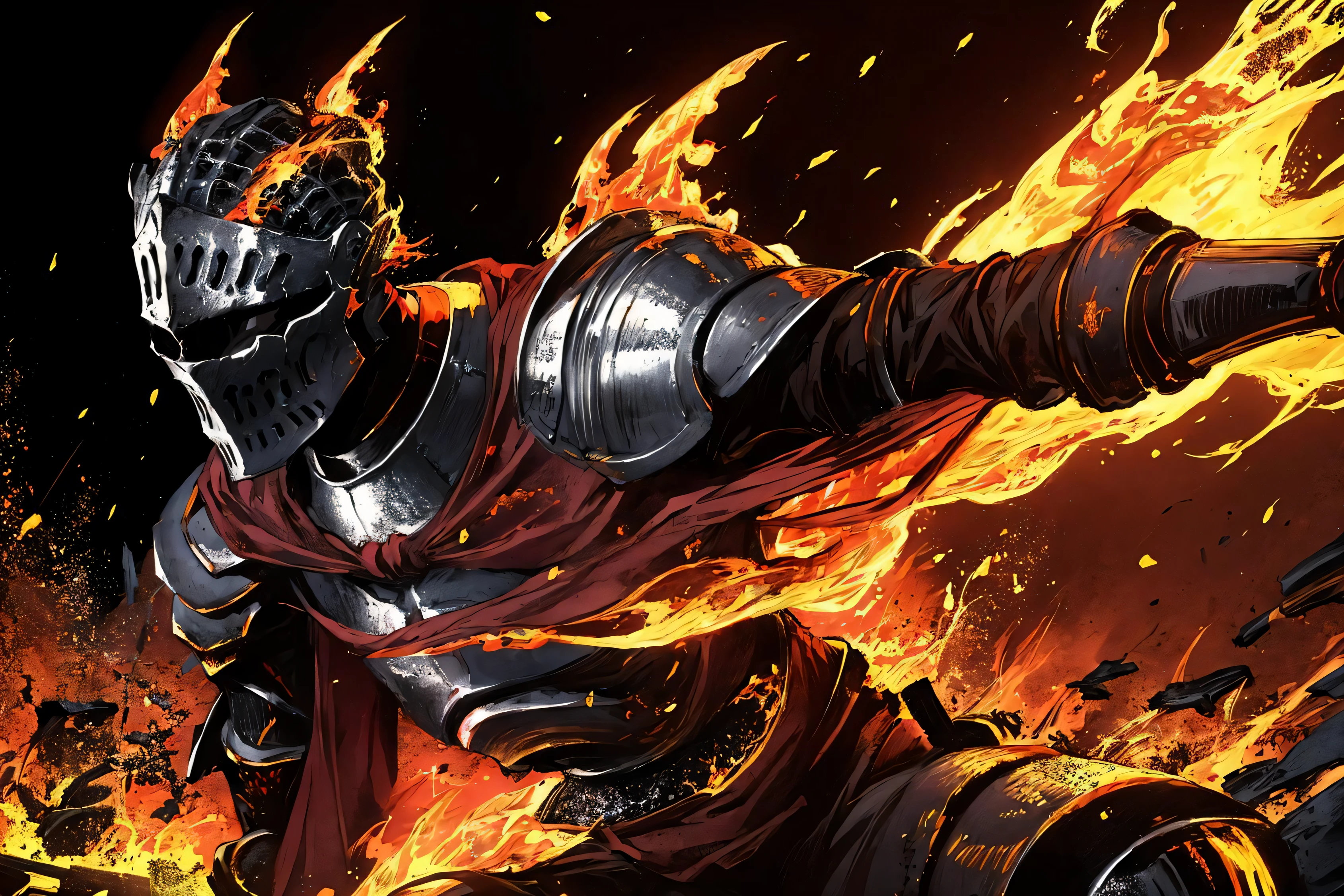 masterpiece:1.2, best quality, dark, fire, action shot, knight, casting magic, blue magical effects, centered, portrait, in the style of Kentaro Miura, standing