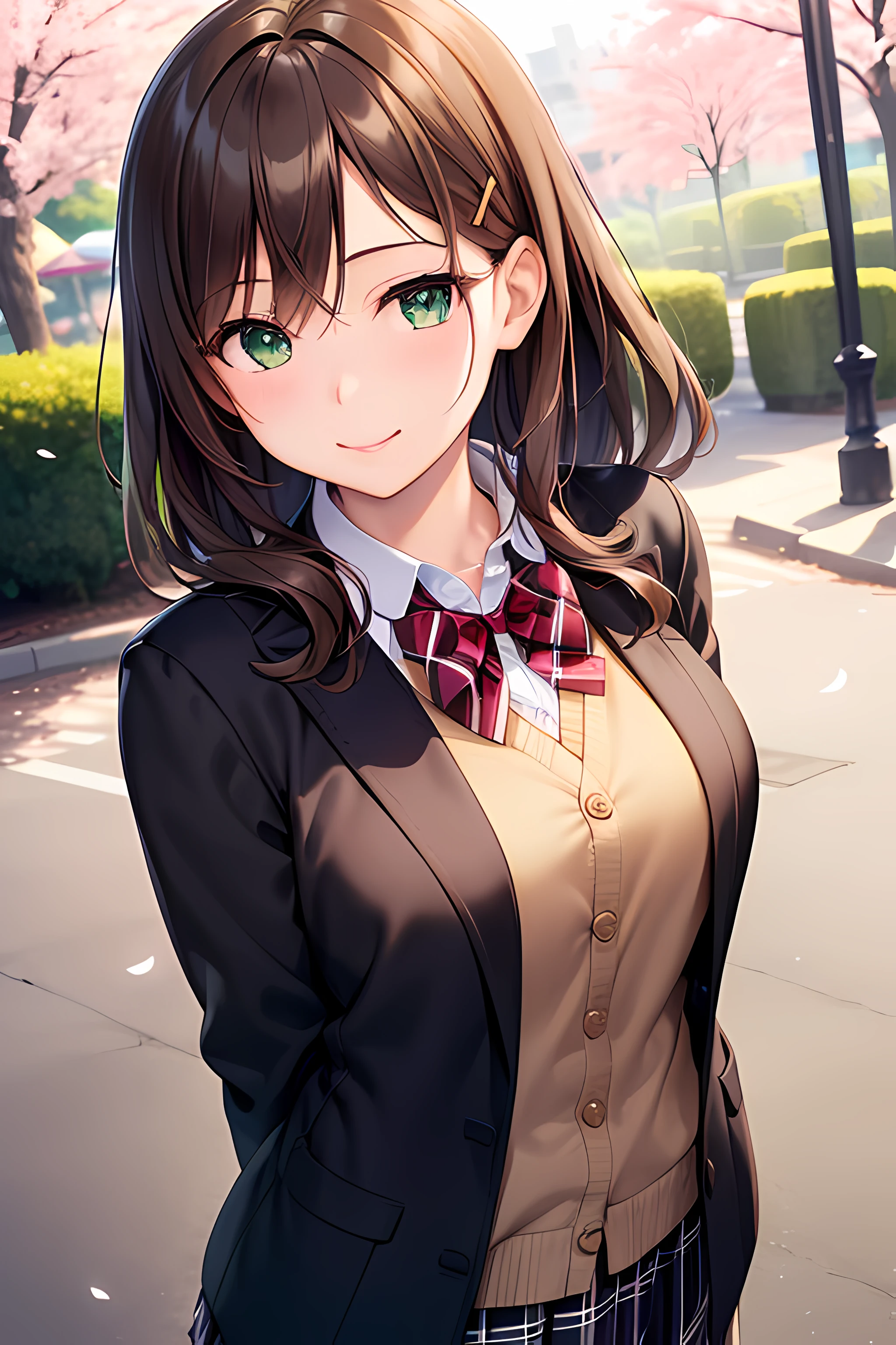 ((masterpiece, best quality, highres, UHD, perfect pixel, depth of field, 4k, RTX, HDR))), 1girl, single, solo, beautiful anime girl, beautiful artstyle, anime character, ((long hair, bangs, dark brown hair, curly hair:0.4, simple hair pin)), ((green eyes:1.4, rounded eyes, beautiful eyelashes, realistic eyes)), ((detailed face, blushing:1.2)), ((smooth texture:0.75, realistic texture:0.65, photorealistic:1.1, anime CG style)), medium breasts, ((dynamic angle, close up, pov)), perfect body, ((red bowtie, school uniform, black jacket, open jacket, brown cardigan, white shirt, black skirt, plaid skirt)), smile, hand behind back, amusement park, cherry blossoms