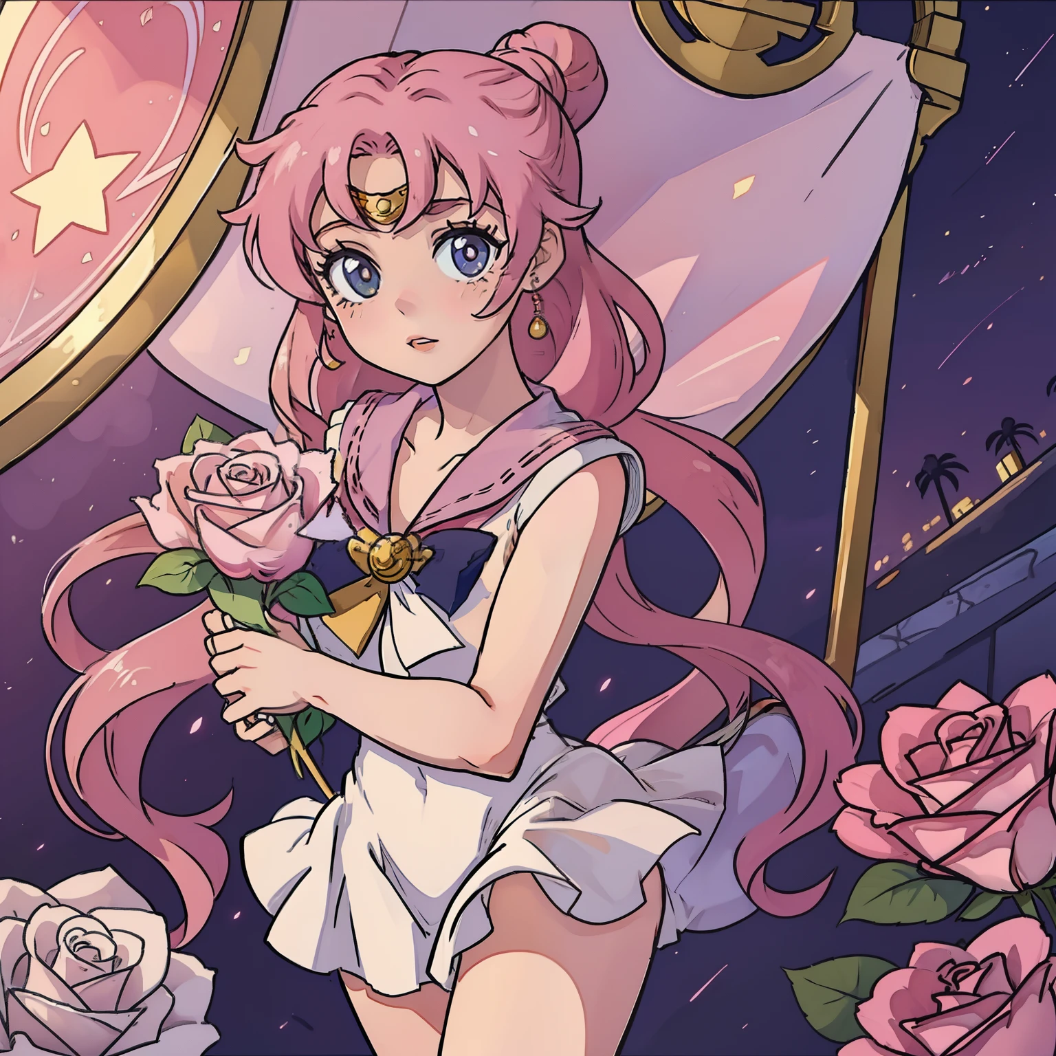 the sailor moon，Sailor Month，A pink-haired，Holding roses