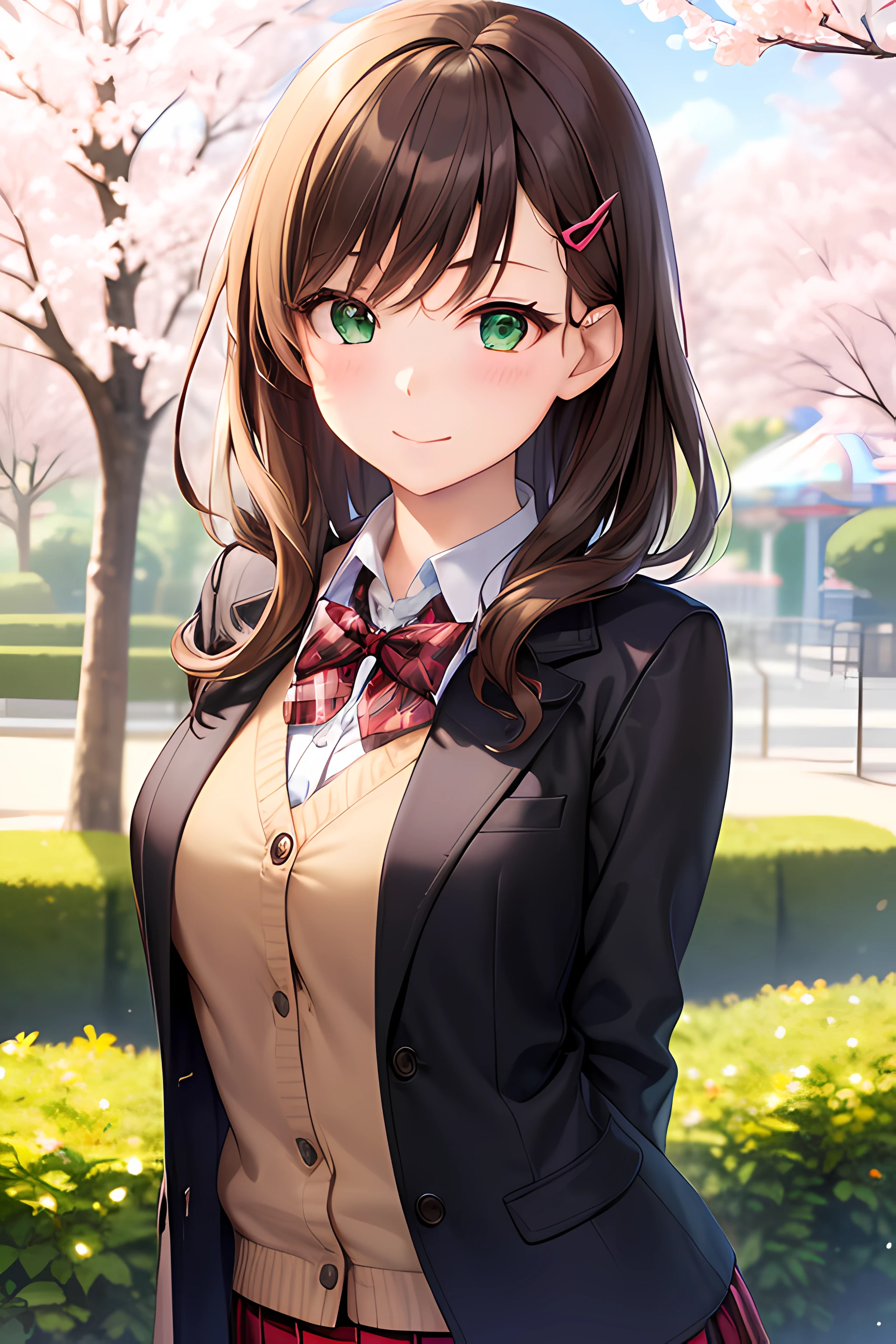 ((masterpiece, best quality, highres, UHD, perfect pixel, depth of field, 4k, RTX, HDR))), 1girl, single, solo, beautiful anime girl, beautiful artstyle, anime character, ((long hair, bangs, dark brown hair, curly hair:0.4, simple hair pin)), ((green eyes:1.4, rounded eyes, beautiful eyelashes, realistic eyes)), ((detailed face, blushing:1.2)), ((smooth texture:0.75, realistic texture:0.65, photorealistic:1.1, anime CG style)), medium breasts, ((dynamic angle, close up, pov)), perfect body, ((red bowtie, school uniform, black jacket, open jacket, brown cardigan, white shirt, black skirt, plaid skirt)), smile, hand behind back, amusement park, cherry blossoms