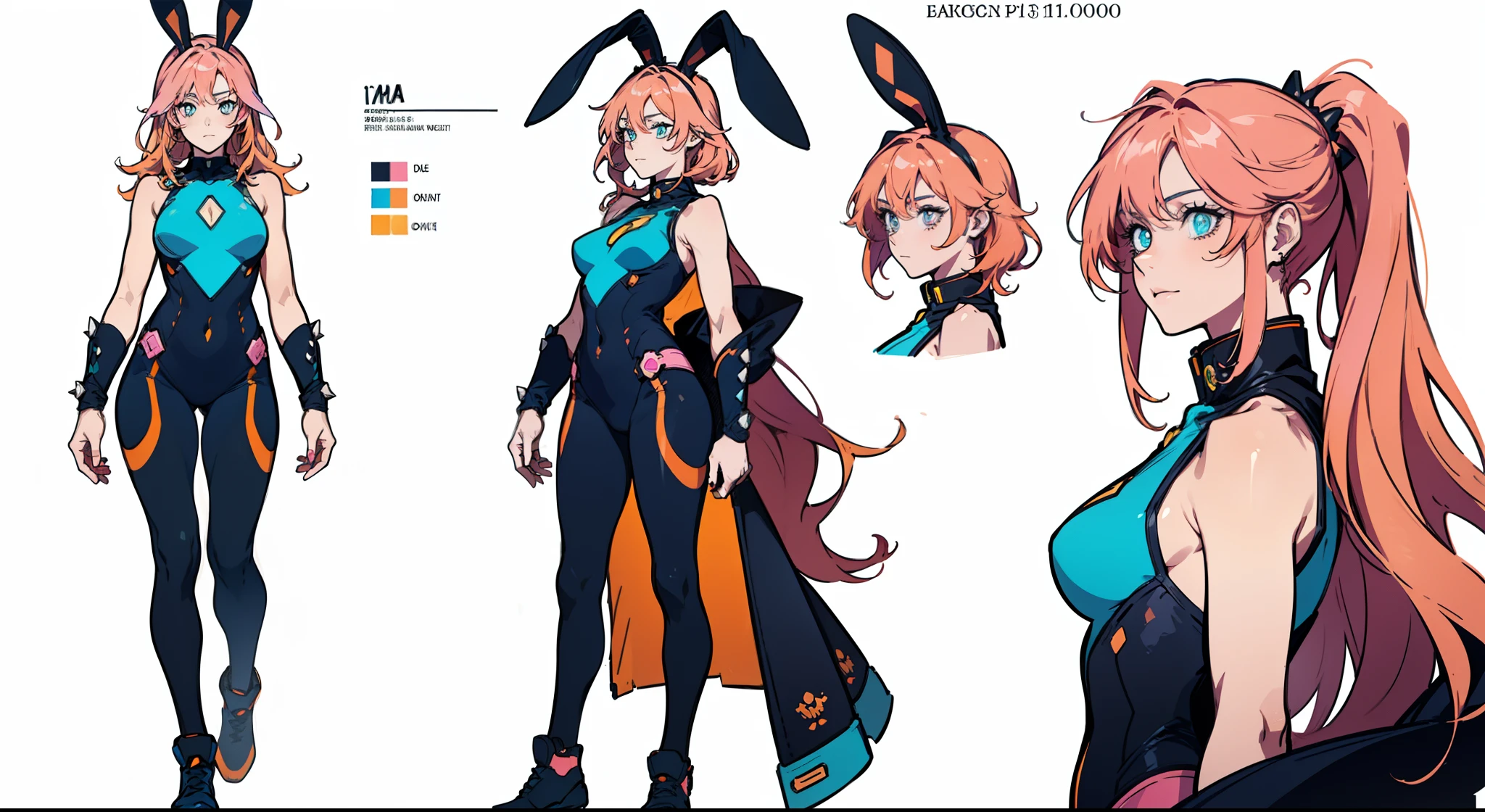((masterpiece)),(((best quality))),(character design sheet,same character,front,side,back), Reference sheet ((Best Quality)), ((Masterpiece)), ((Realistic)) tsuka kendou, 1woman, cute face, determined look, smile, long_legs, full_body, adult mature female ((spiky orange-pink hair,))((orange-pink mullet 1.1)), (mid length hair), bright cyan_eyes, (yellow_pupil,) hero, sleeveless blue_spandex_bodysuit, long orange-pink ((rabbit_ears,)) colored concept art, highly detailed character design, highly detailed face, Vivid and colorful colors, Delicate lines, tome + concept art, detailed full body concept art, full body character concept art, full body concept art, full character concept art, full body character concept, full body character design, 8 k character concept art, 8k character concept art, single character concept art, detailed character design, detailed face, detailed hair, (simple background, white background: 1.3)