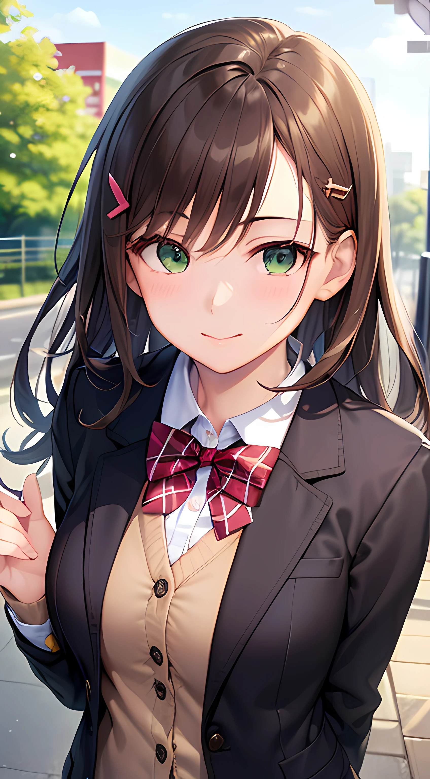 ((masterpiece, best quality, highres, UHD, perfect pixel, depth of field, 4k, RTX, HDR))), 1girl, single, solo, beautiful anime girl, beautiful artstyle, anime character, ((long hair, bangs, dark brown hair, curly hair:0.4, simple hair pin)), ((green eyes:1.4, rounded eyes, beautiful eyelashes, realistic eyes)), ((detailed face, blushing:1.2)), ((smooth texture:0.75, realistic texture:0.65, photorealistic:1.1, anime CG style)), medium breasts, ((dynamic angle, close up, pov)), perfect body, ((red bowtie, school uniform, black jacket, open jacket, brown cardigan, white shirt, black skirt, plaid skirt)), smile, hand behind back, amusement park, cherry blossoms