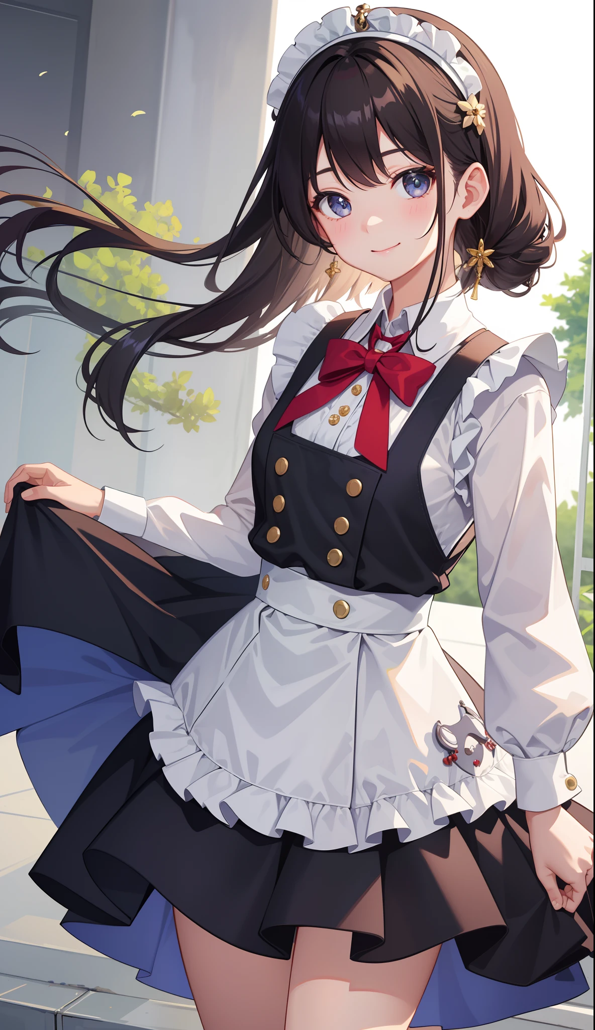 1girl in、AS-Adult、A smile、The shirt、skirt by the、(small tits)、doress、pinafore、hair adornments、(Maids)、Upper body portrait、