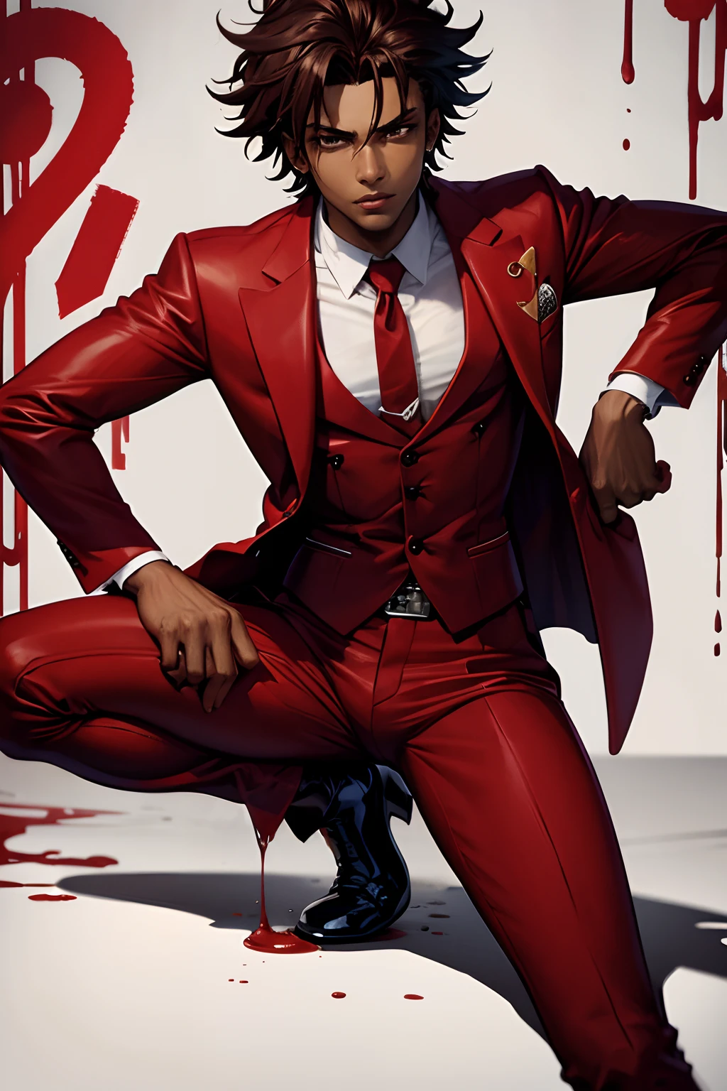 Red suit, black young man, messy hair, show, jojo pose, man, drip, defined