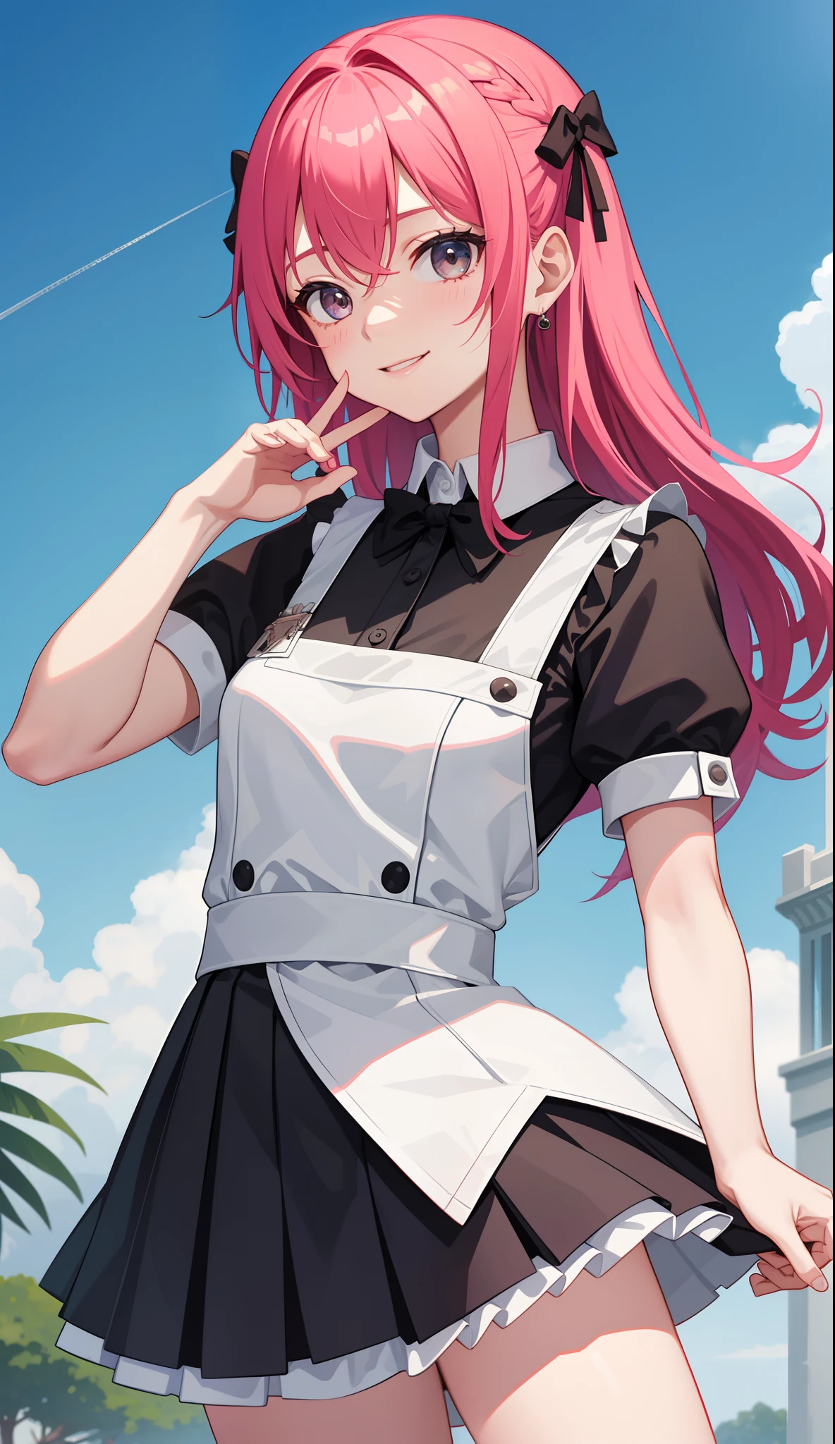 1girl in、AS-Adult、A smile、The shirt、skirt by the、(small tits)、doress、pinafore、hair adornments、(Maids)、Upper body portrait、