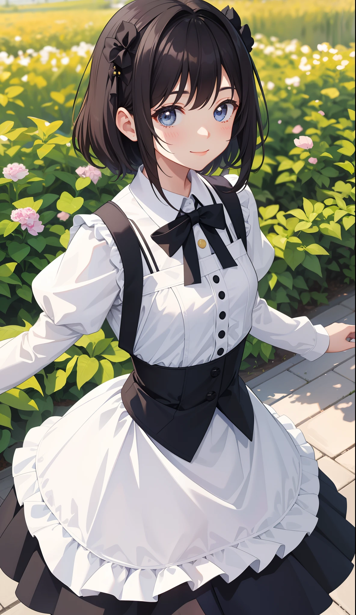 1girl in、AS-Adult、A smile、The shirt、skirt by the、(small tits)、doress、pinafore、hair adornments、(Maids)、Upper body portrait、