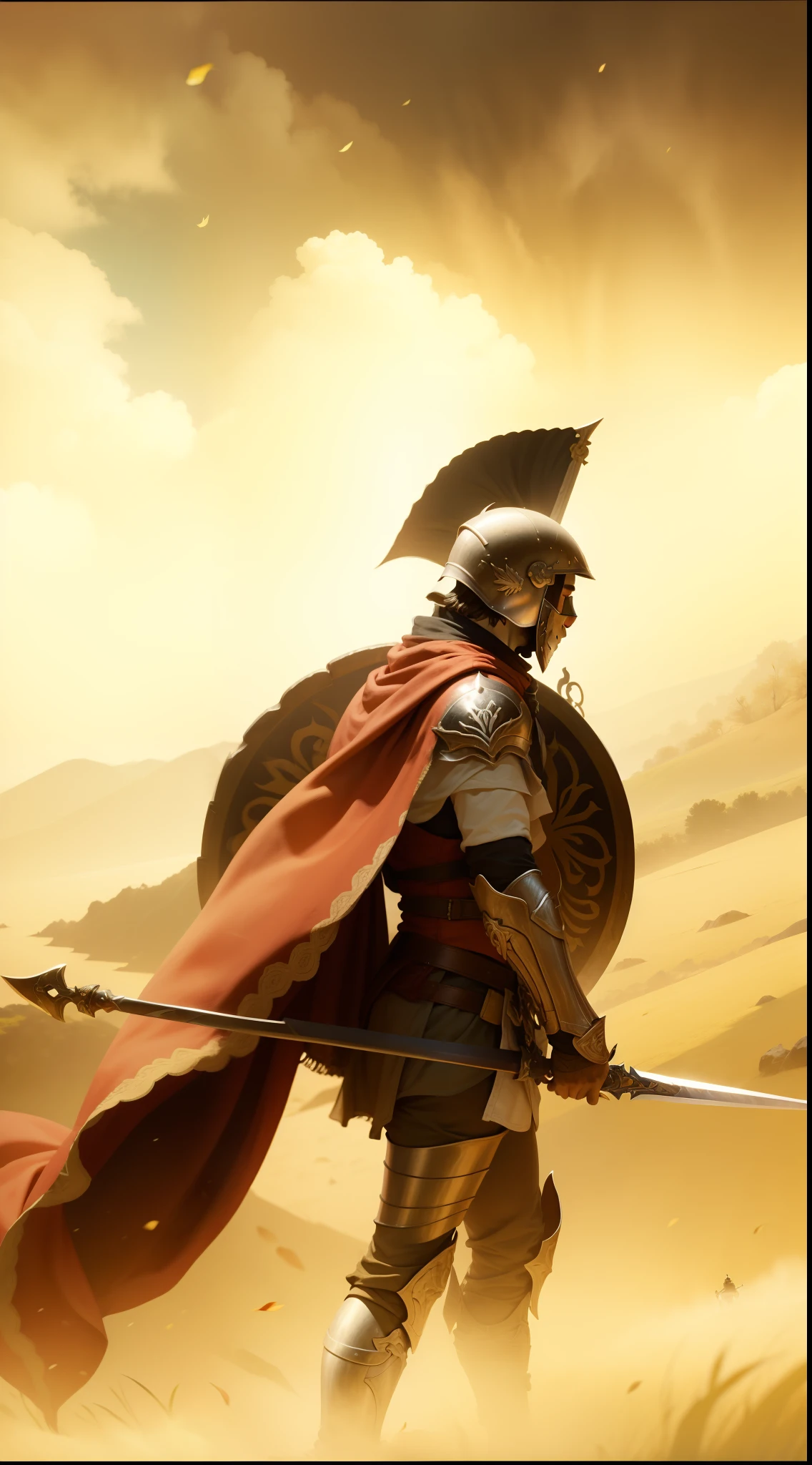 guerreiro espartano de armadura segurando sua espada e seu escudo