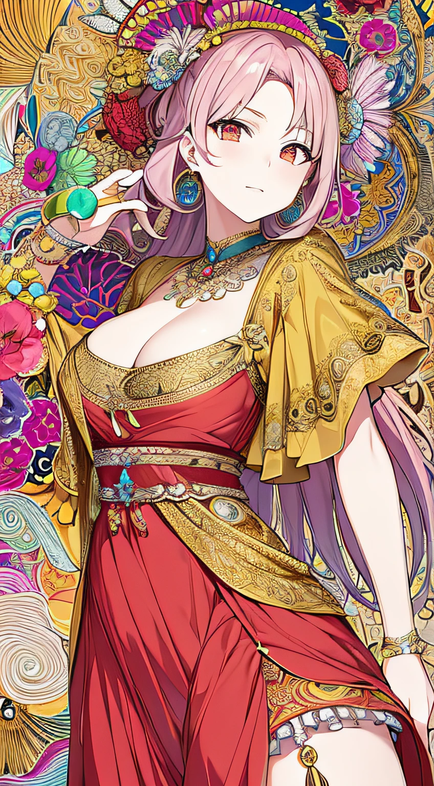 (masutepiece, of the highest quality, Best Quality, Official art, Beauty and aesthetics: 1.2), (1 girl: 1.3), Very detailed, (Fractal Art: 1.1), (Color: 1.1) (Flowers: 1.3), Supreme Detail, (Zentangle: 1.2), (Dynamic Pose), (Abstract background: 1.3), (Multiple colors: 1.4), (Fine Composition: 1.2), (earrings), (Feathers: 1.5)