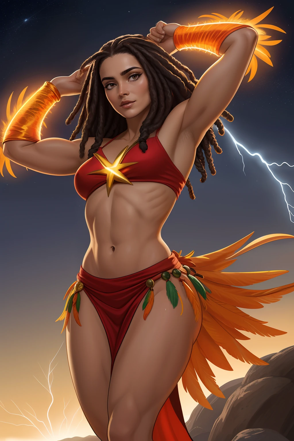 Uma mulher Moreno, de cabelo afro cabelo caindo para frente, Rasta type but braided,a costume of Our Lady of Fatima, tiro de corpo inteiro, Olhos firmes, olhando para frente, Lightning in the sky, arms extended, olhando para frente, parado no topo de uma montanha, manto e capa vermelhos, Shiny cross on a realistic 4K phoenix with orange feathers, with a serious expression and looking forward, corpo inteiro.Jesus, tiro de corpo inteiro, Olhos firmes, olhando para frente, Lightning in the sky, arms extended, olhando para frente, parado no topo de uma montanha, manto e capa vermelhos, Shining cross in the airA realistic 4K phoenix with orange feathers, with a serious expression and looking forward, corpo inteiro. , com seios bonitos, Perfect Summoning Body, Barefoot female, Levitando, Hooded robes and arms raised on a broken earth;, luz de lava brilhante de baixo do campo de asteroides (rochas irregulares, pedregulhos e detritos disparando para o com , a wide thigh is beautiful a woman, com seios lindos corpo perfeito, uma coxa larga, is beautiful a destination with ,vario expression sexual pose, erótic