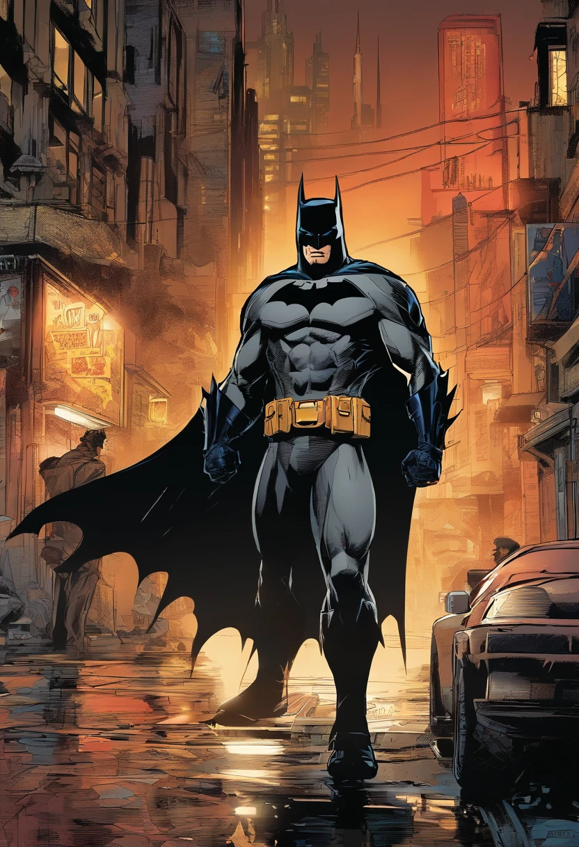 best quality,4k,8k,highres,masterpiece:1.2,ultra-detailed,realistic,batman,dark knight,heroic figure,mysterious atmosphere,gloomy cityscape,detailed suit design,intense expressions,action-packed scene,vivid colors,HDR,studio lighting,physically-based rendering,sharp focus,bokeh,dramatic lighting,neo-noir style,city lights reflecting in rain-soaked streets,dynamic poses,comic book inspired,gothic architecture,imposing presence,lone vigilante,masked silhouette,moonlit sky,gritty tone,iconic symbol,judgment night,shadowy corners,urban decay,city in chaos,desperate battle for justice,nightmarish villains,intricate details of the Batmobile and Batcave.